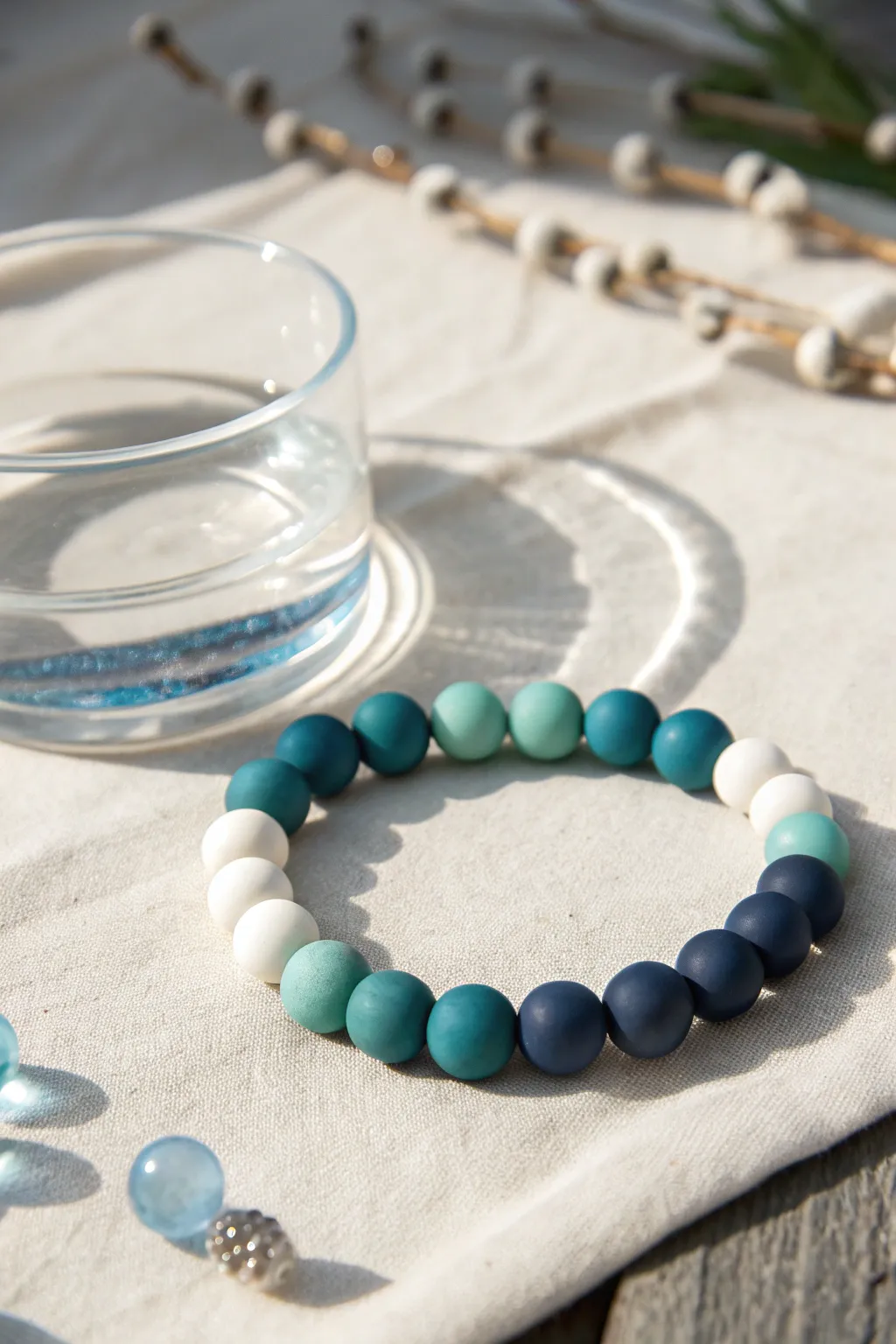 Tide-inspired ombre clay bead bracelet, from deep navy to seafoam and white simplicity