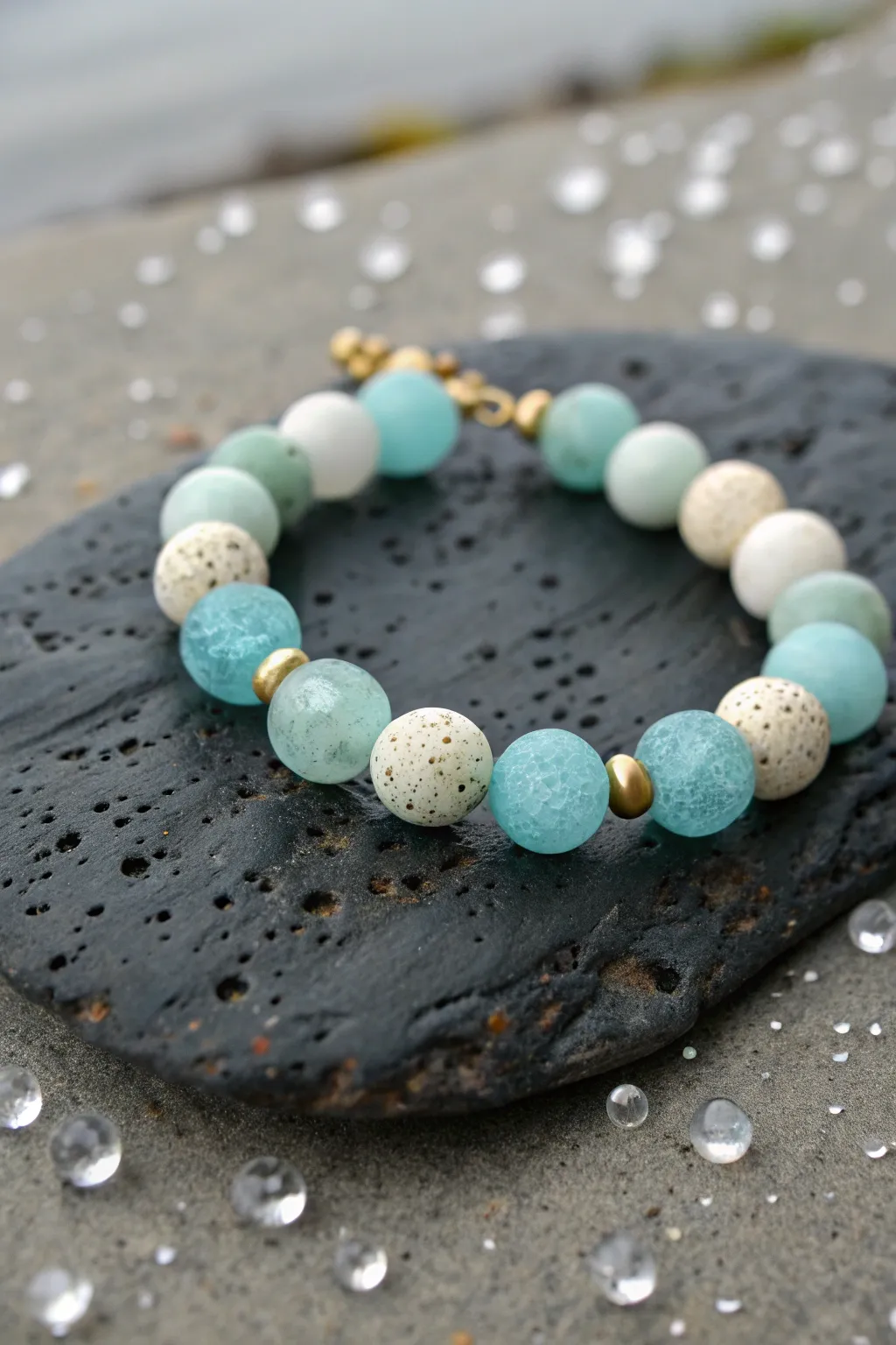 Sea glass speckled clay bead bracelet on wet stone, minimalist tide pool mood for summer.