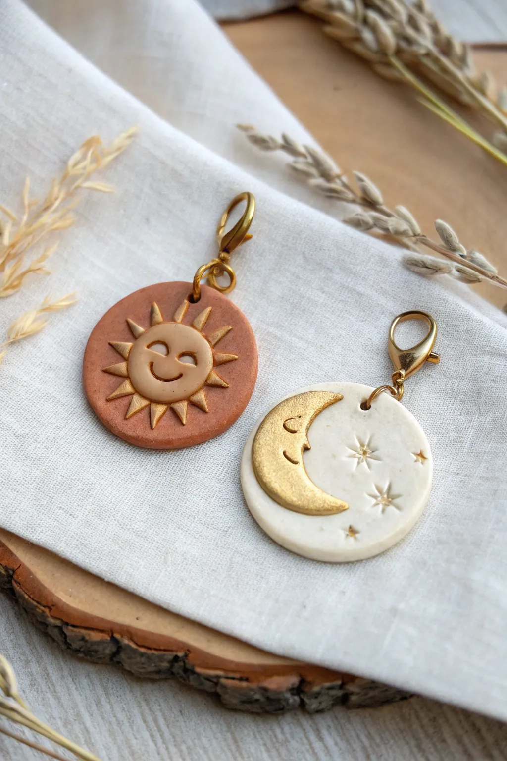 Sun and moon bestie charms in soft clay tones, perfect day and night BFF keepsakes.