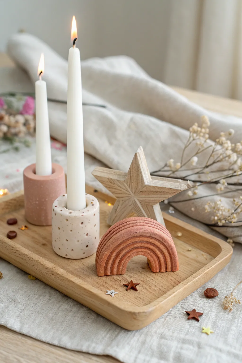 Handmade clay birthday candle holder trio in soft boho tones for a simple Scandinavian tablescape.