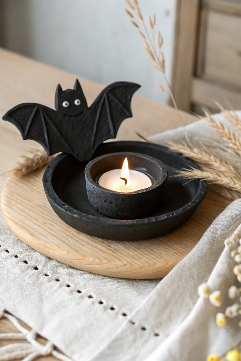 Cute bat-shaped black clay tea light holder with warm glow, minimalist and cozy