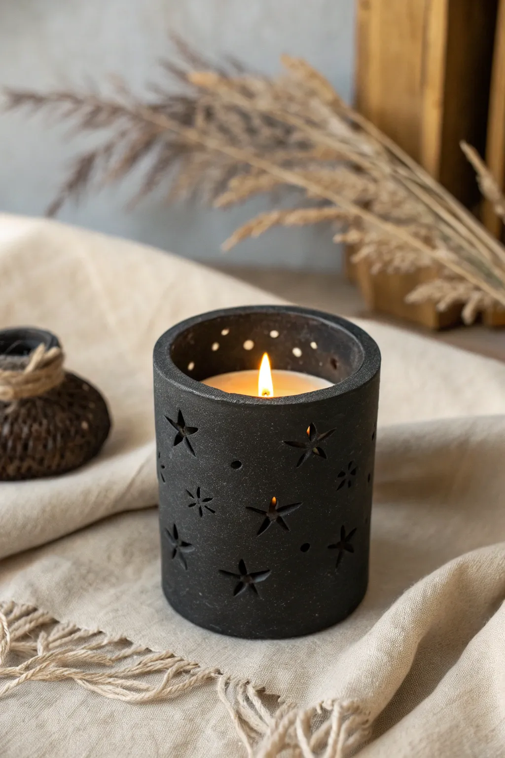 Matte black clay candle holder with simple cutouts, glowing softly in a cozy minimalist setting