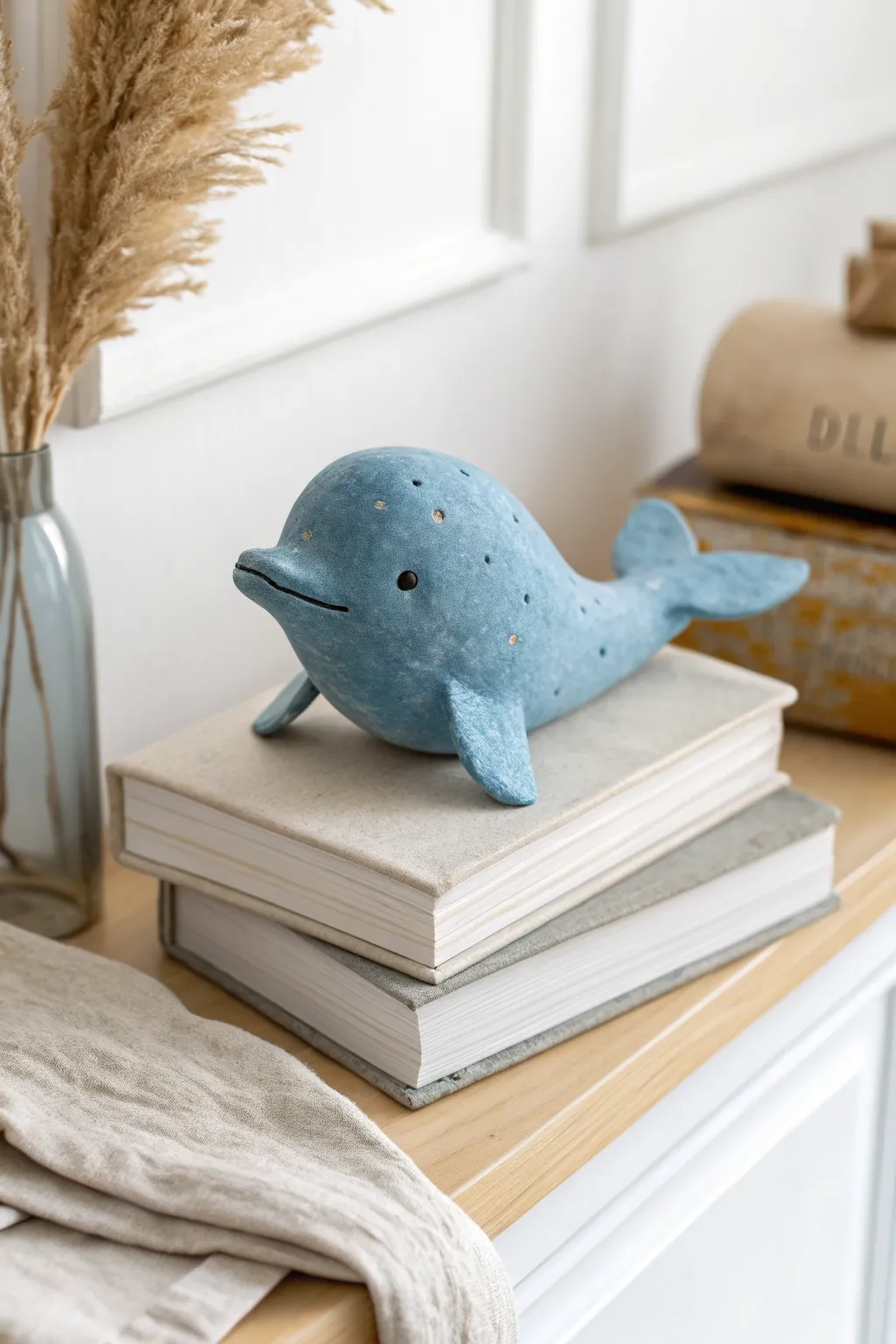 Blue air dry clay dolphin shelf buddy adds calm Scandinavian charm to your book stack.