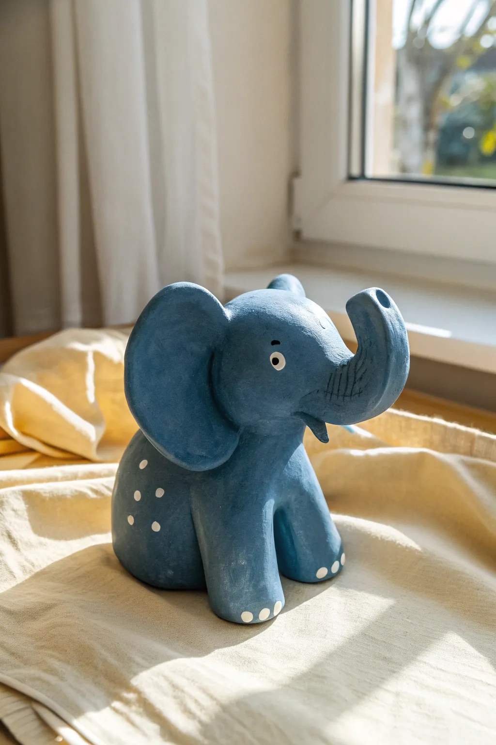 Minimalist blue clay elephant with big ears and tiny white details, calm boho charm.