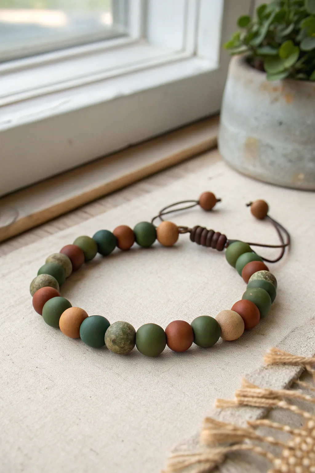 Camo-inspired clay bead bracelet in olive, forest green, tan and brown, minimalist styling.