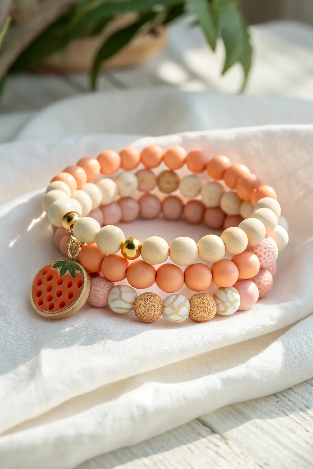 Pastel clay bead bracelet stack with a sweet fruit charm focal bead for sunny summer vibes