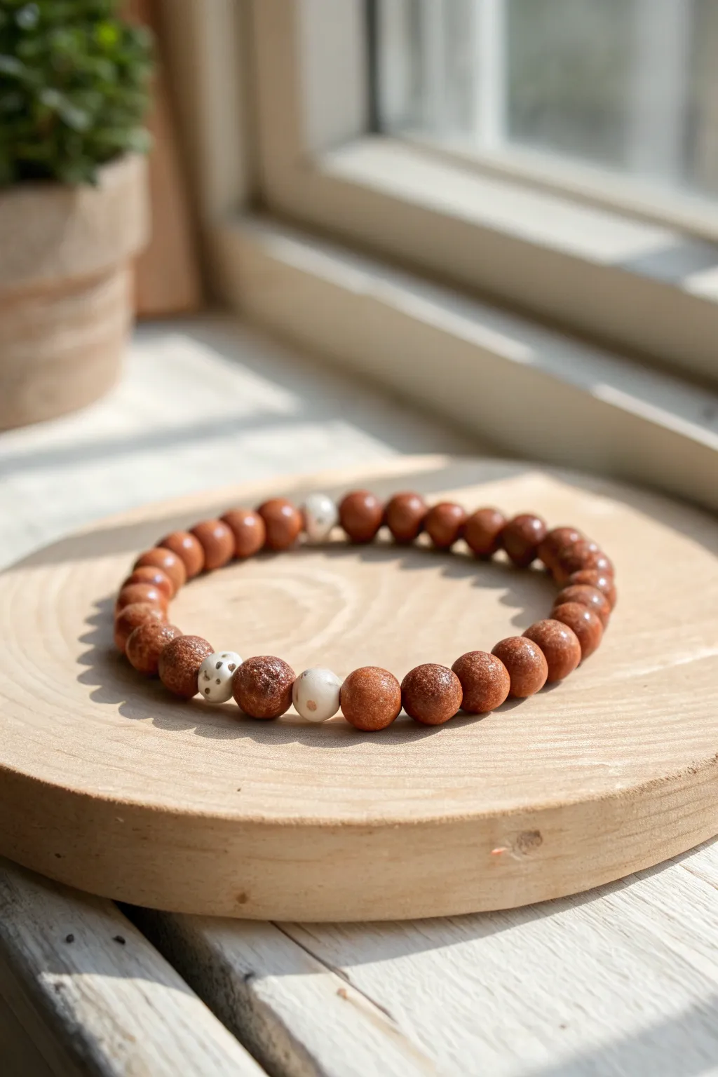 Speckled terracotta clay bead bracelet with cream spacers on pale wood, simple and earthy.