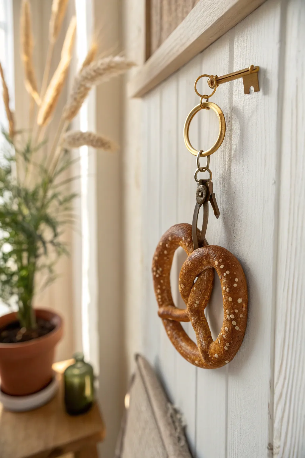 Minimal boho pretzel keychain in warm brown clay, simple and cute for your keys.