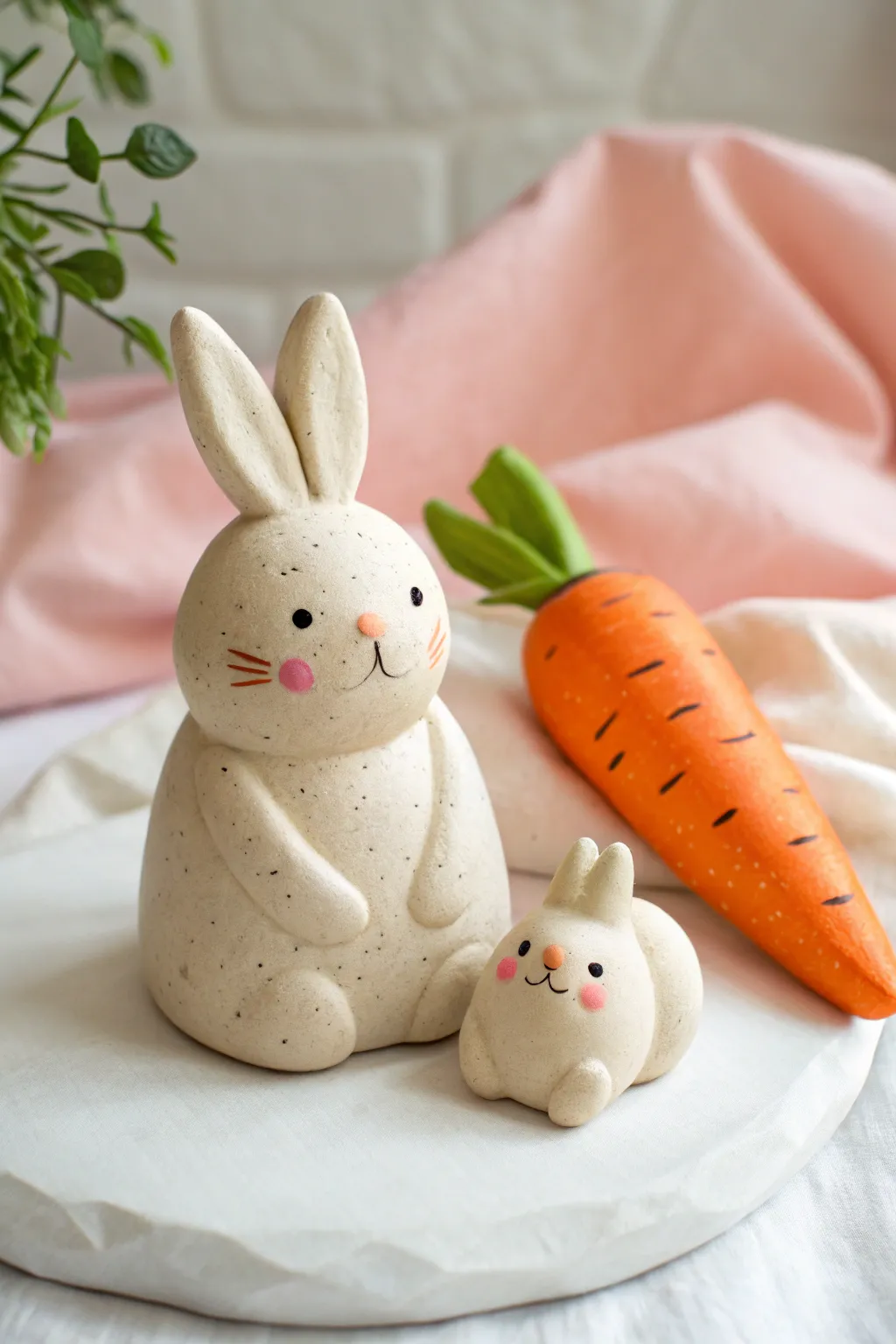 Chubby clay bunny with a leafy carrot buddy, styled on soft pastels for cozy minimal charm.