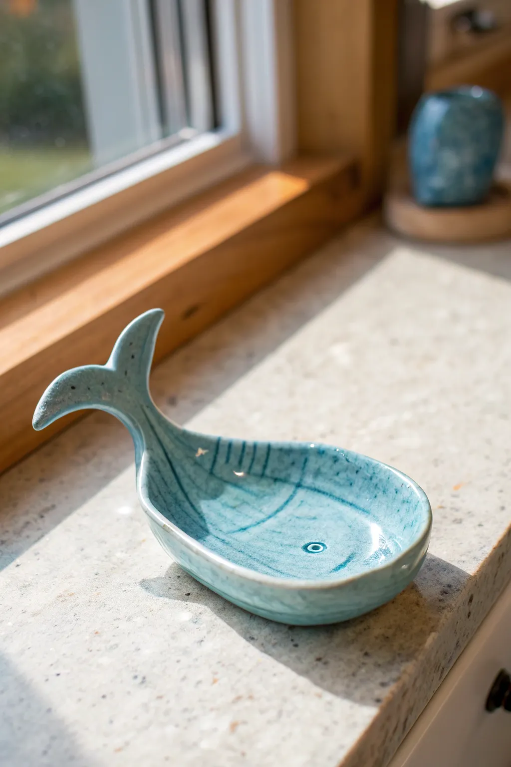 Minimal whale spoon rest with a curved tail, glazed in ocean blues for calm coastal charm.
