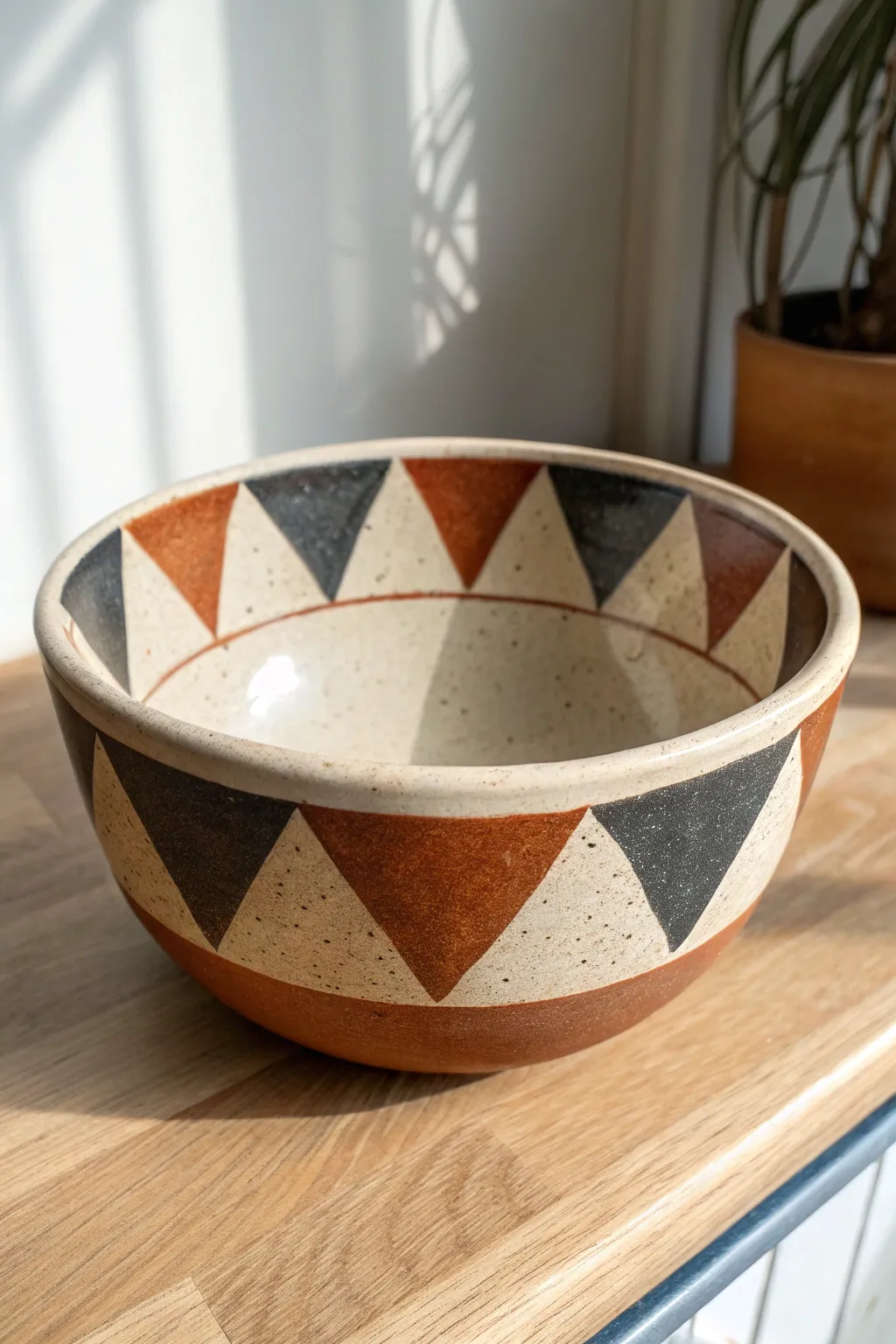 Minimalist bowl with bold geometric color blocks in earthy tones, perfect for modern shelves