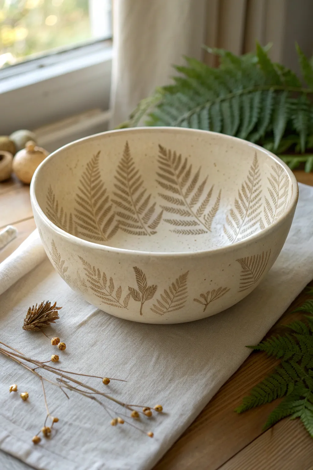 Botanical imprint bowl with fern texture and a soft transparent glaze, styled in calm neutrals.