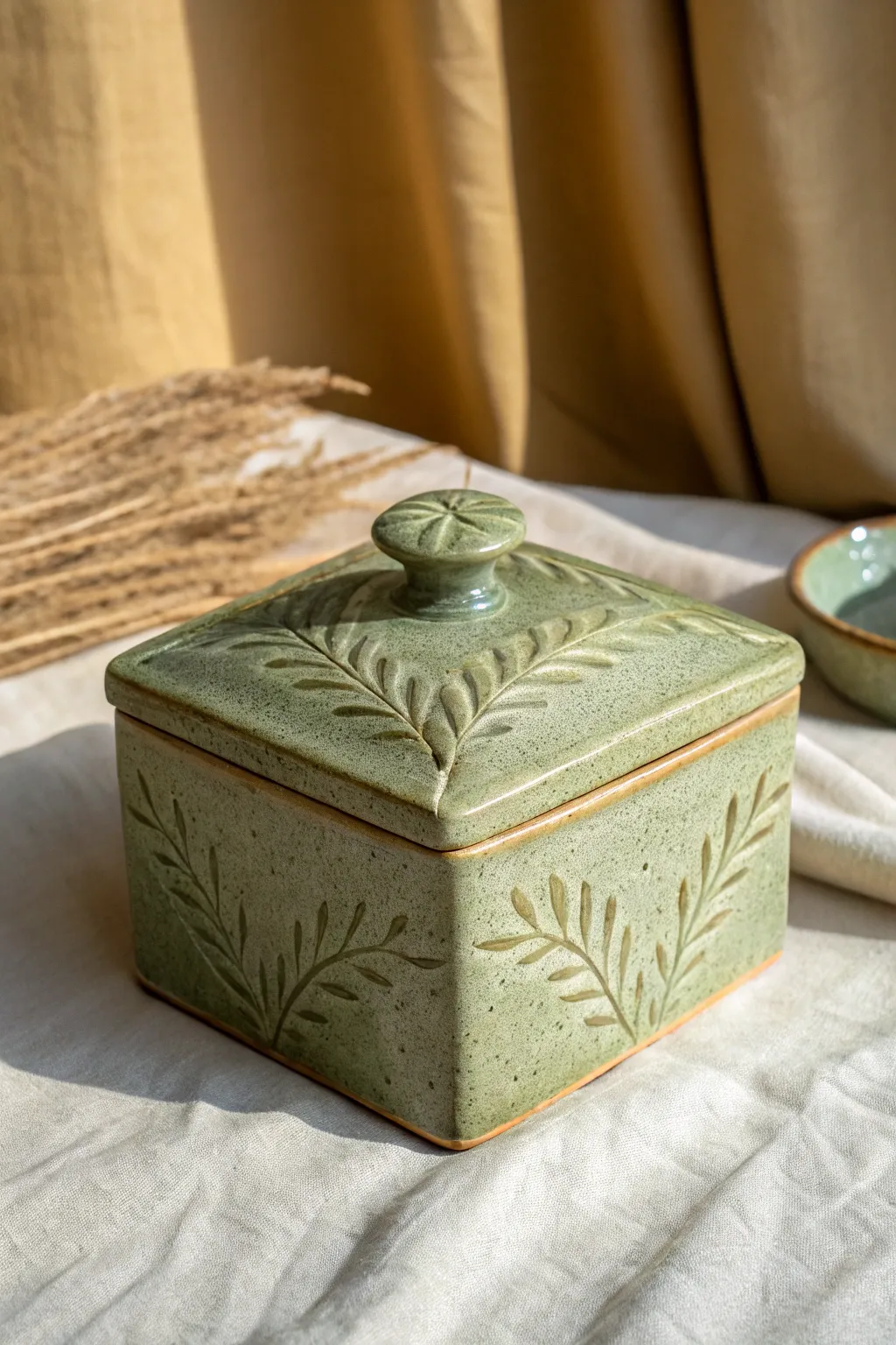 Leaf-knob lidded ceramic box with simple vine relief in a cozy speckled green glaze.