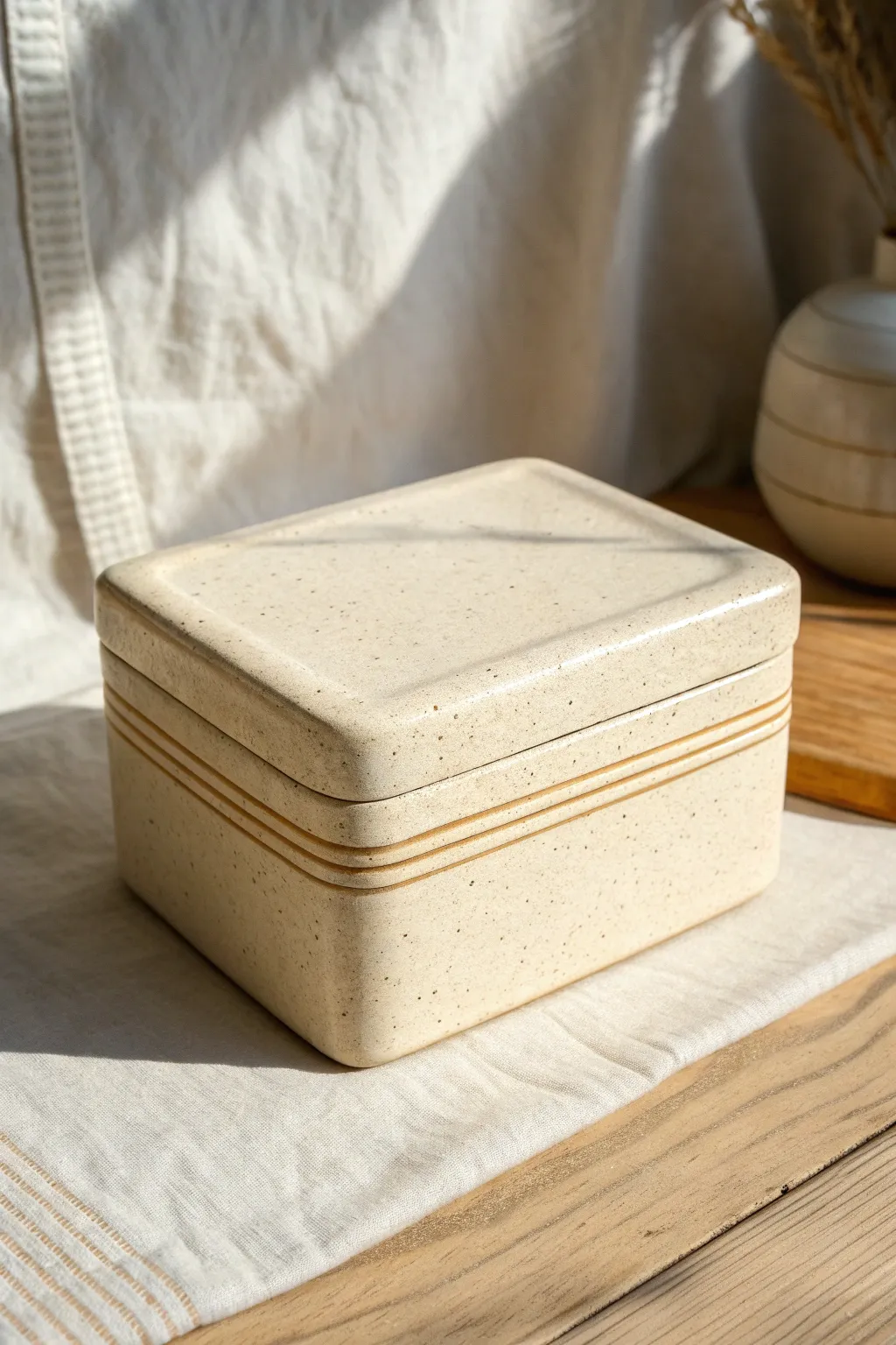 Minimal stamped ceramic box with lid, soft boho texture bands in calm Scandinavian tones.
