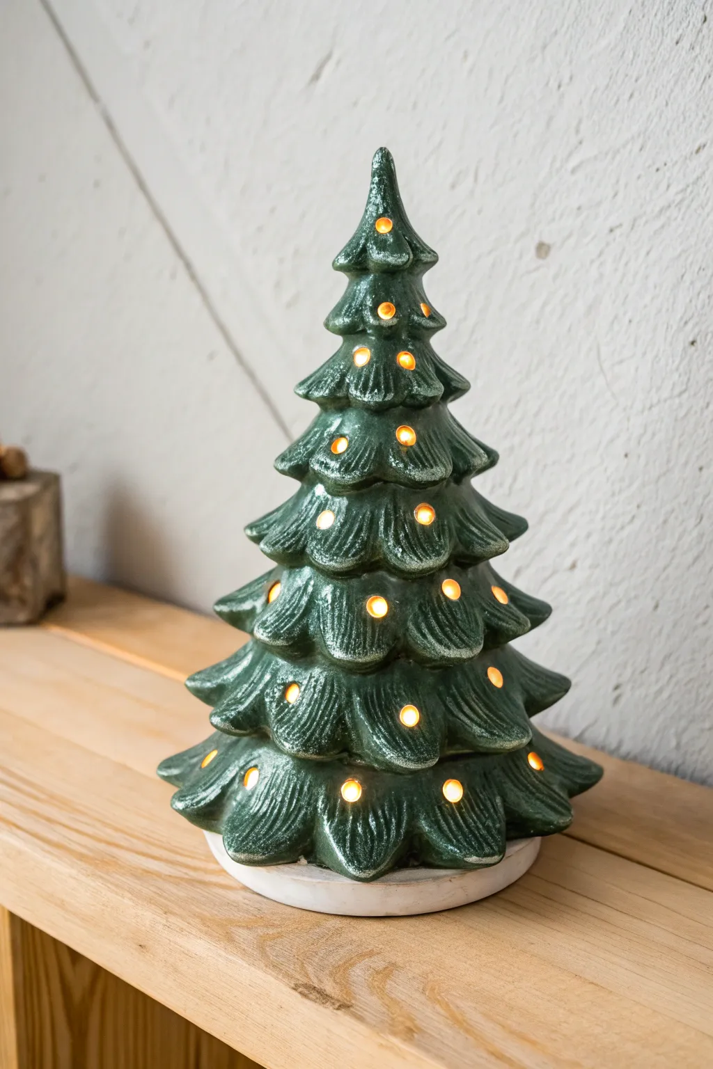 Green ceramic Christmas tree with flocked snow drift branches and cozy glowing lights.