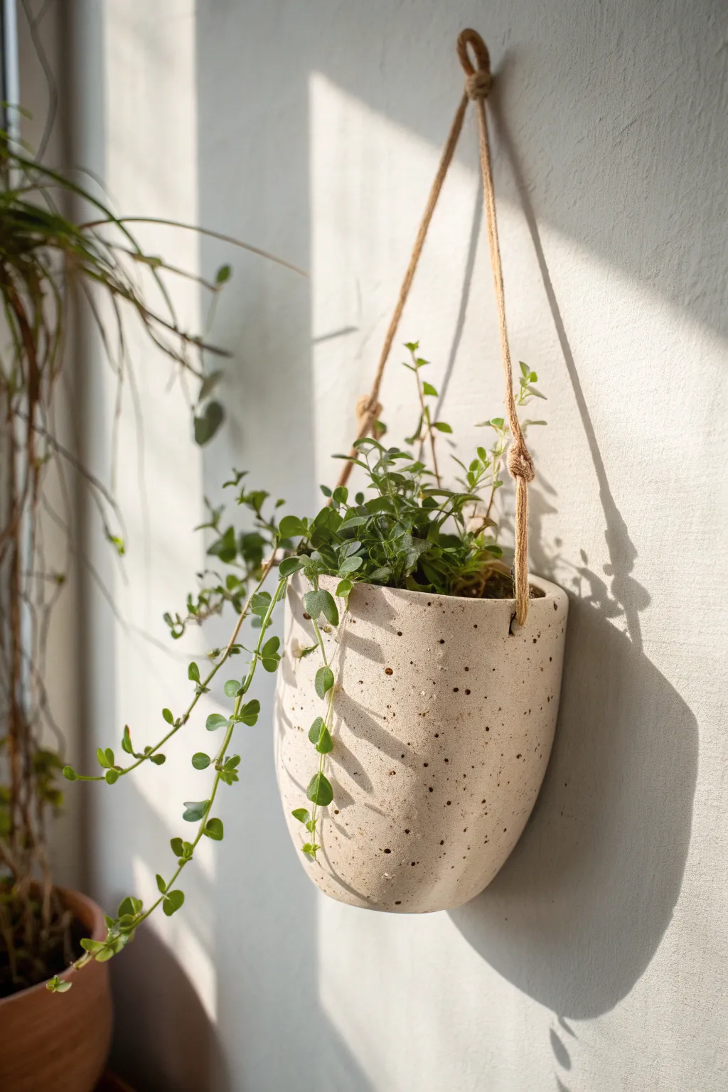 Minimal ceramic wall pocket planter with a soft trailing vine, handcrafted and calm
