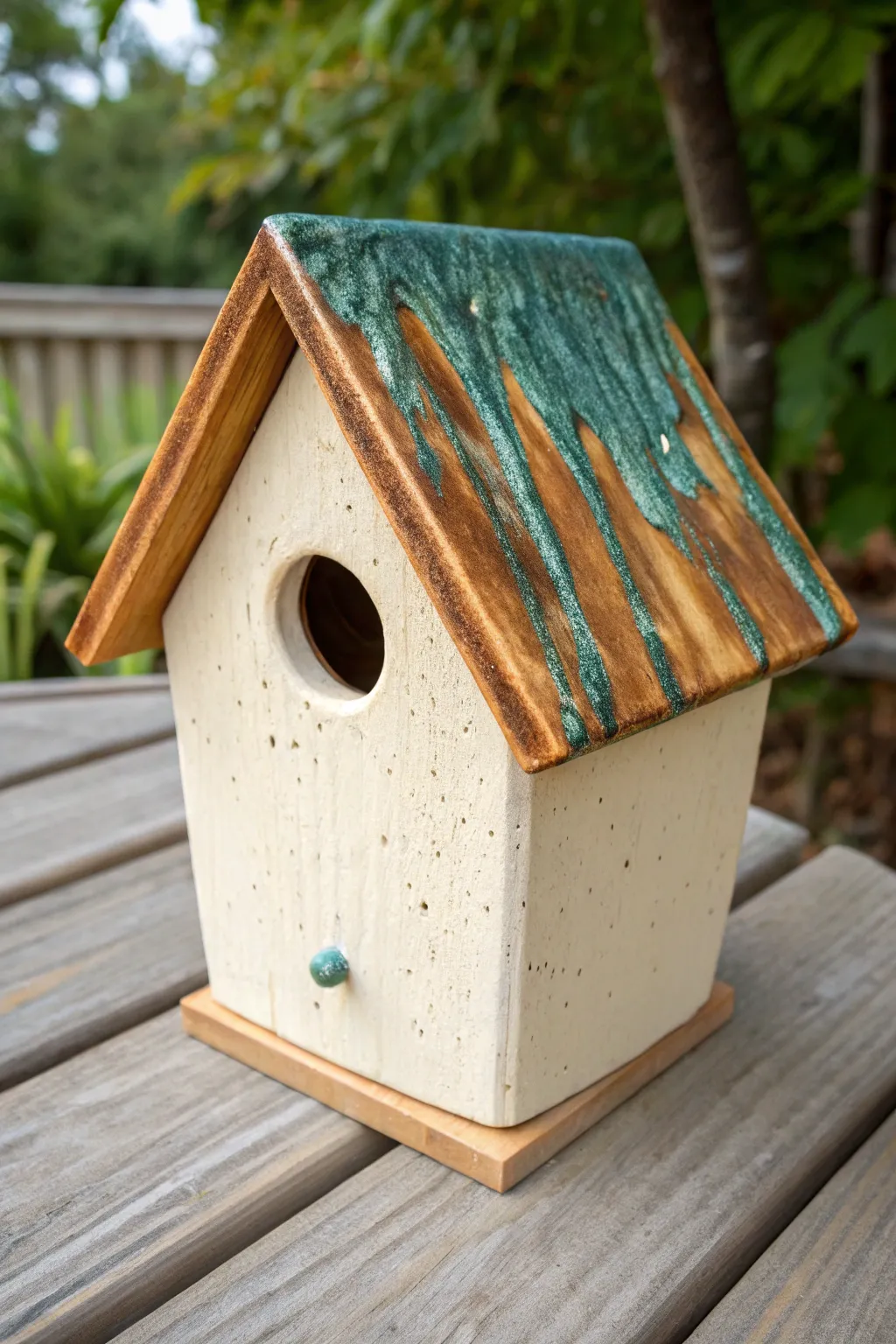 Minimal ceramic birdhouse with a glossy drip-glaze roof, soft neutrals, Scandinavian boho charm