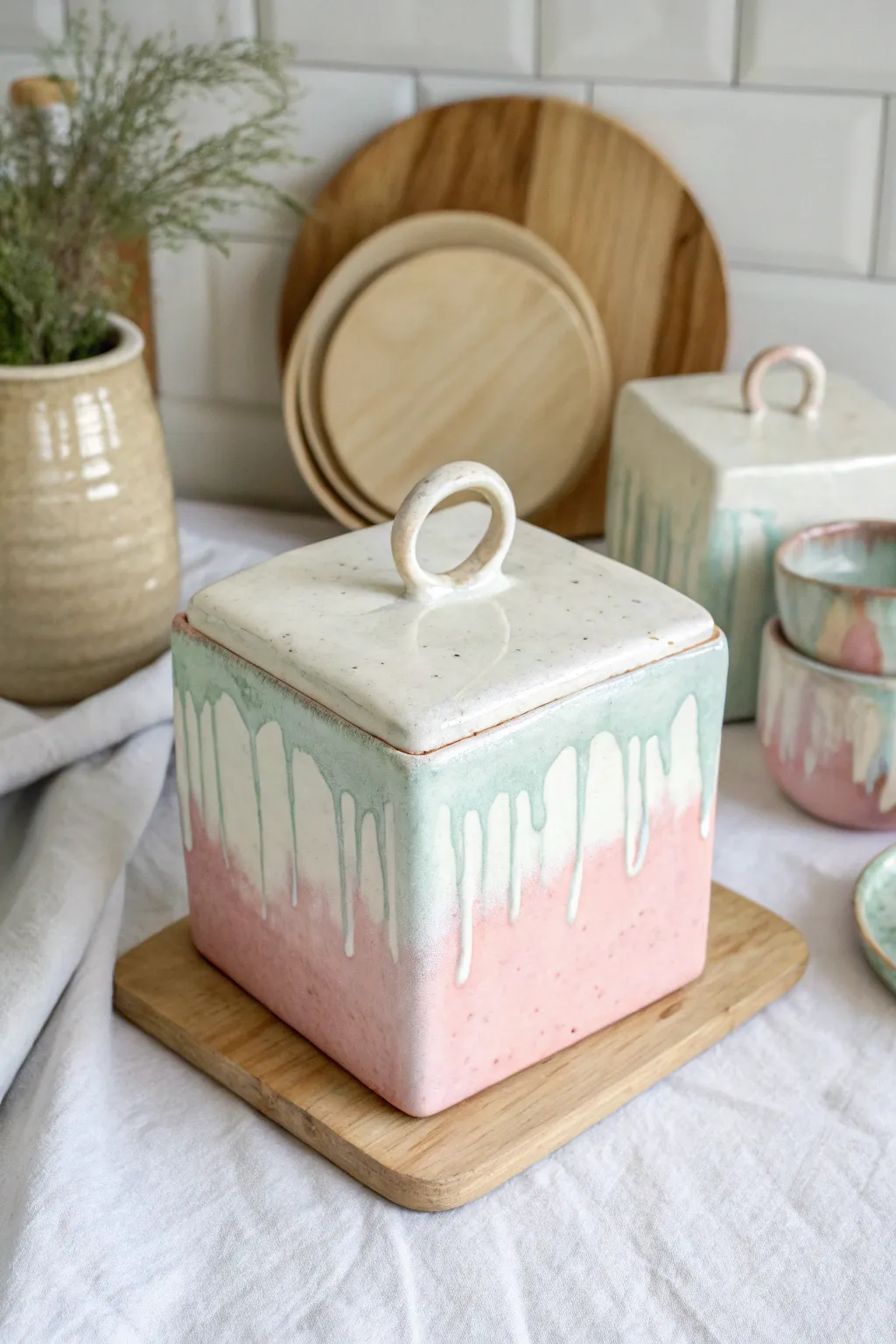Donut-handle cube box with pastel drippy glaze for a sweet, minimalist ceramic look