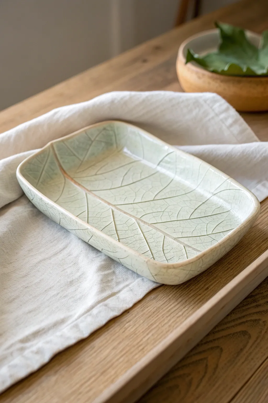 Minimal leaf-imprint catch-all tray with a soft folded rim and a sheer glaze that highlights veins