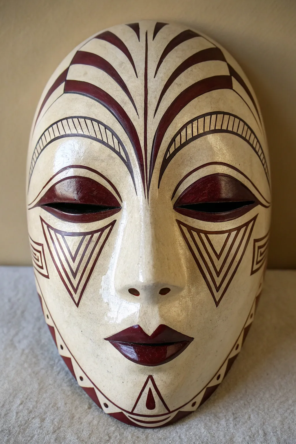 Art Deco glam ceramic mask with bold geometry and glossy lips, minimalist boho vibe.