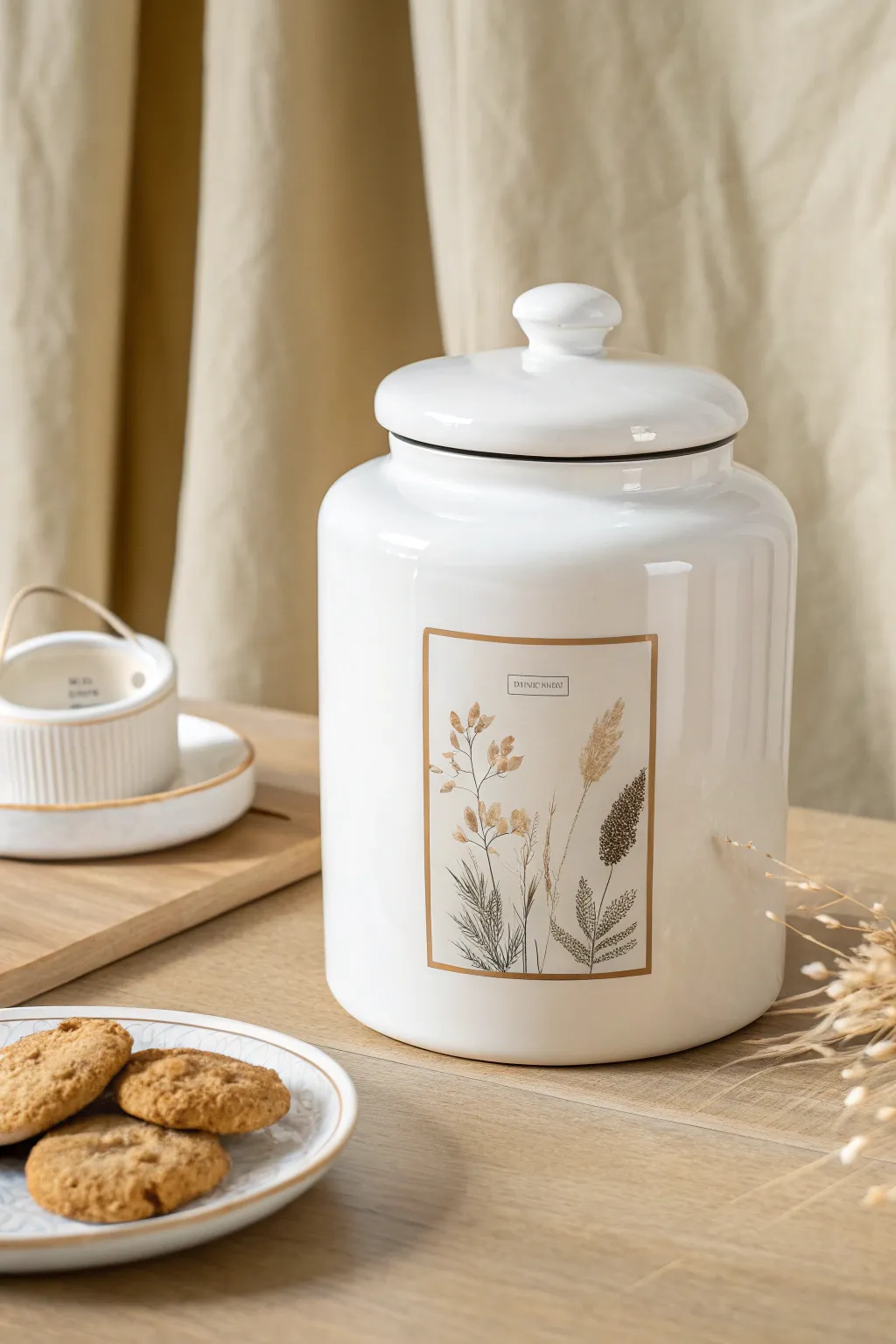 Minimal glossy cookie jar with a photo-transfer keepsake panel, styled with warm cookies and linen.