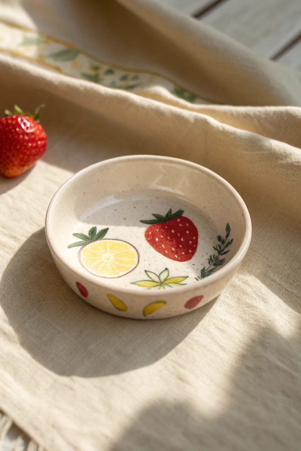 Hand-painted fruit motif trinket dish in Nordic minimalist style, a sweet pop of color for rings