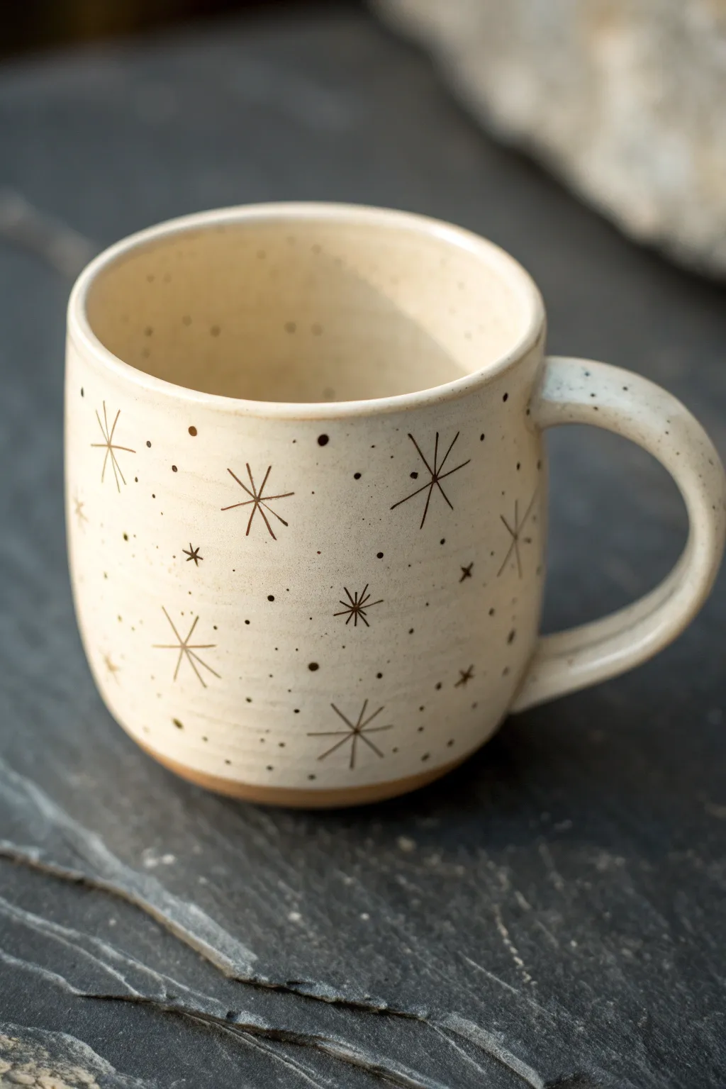 Minimal star doodles and tiny dot clusters on a cozy handmade mug, crisp contrast on dark stone.