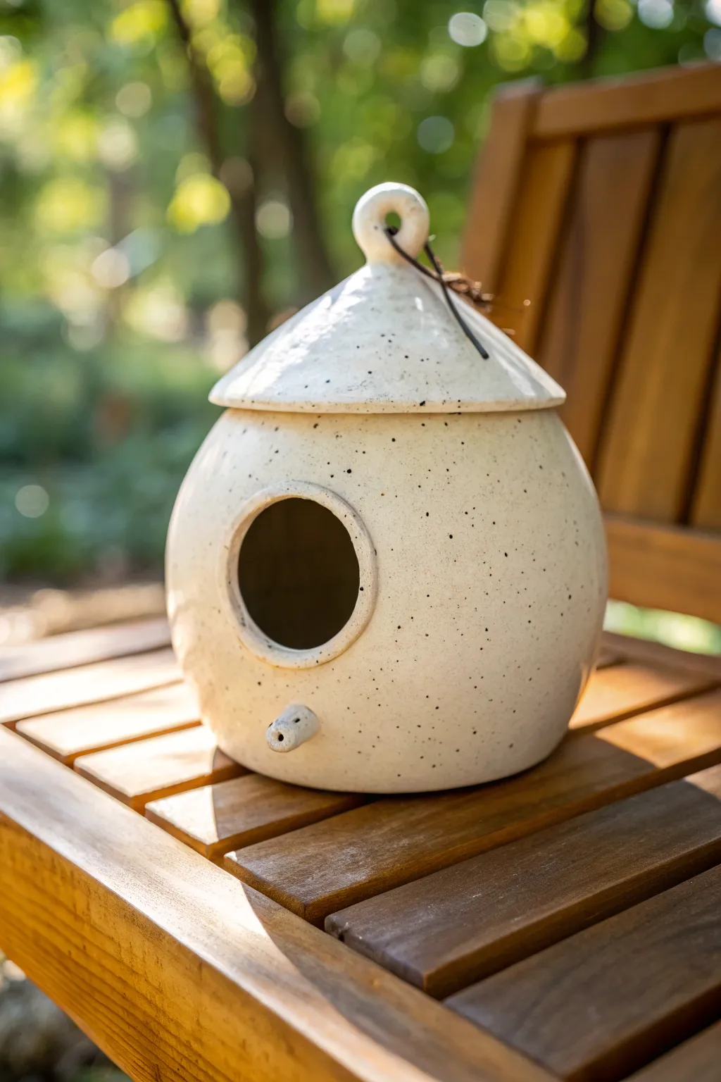 Minimal ceramic birdhouse with a lift off roof, photographed on wood with soft greenery