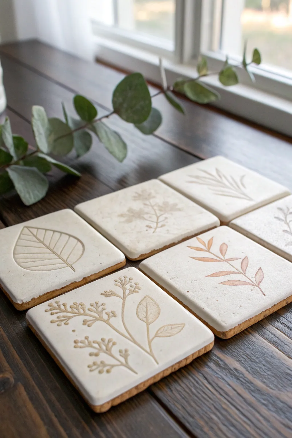 Stamped and botanical tile coasters in a minimalist grid, handmade texture on warm wood