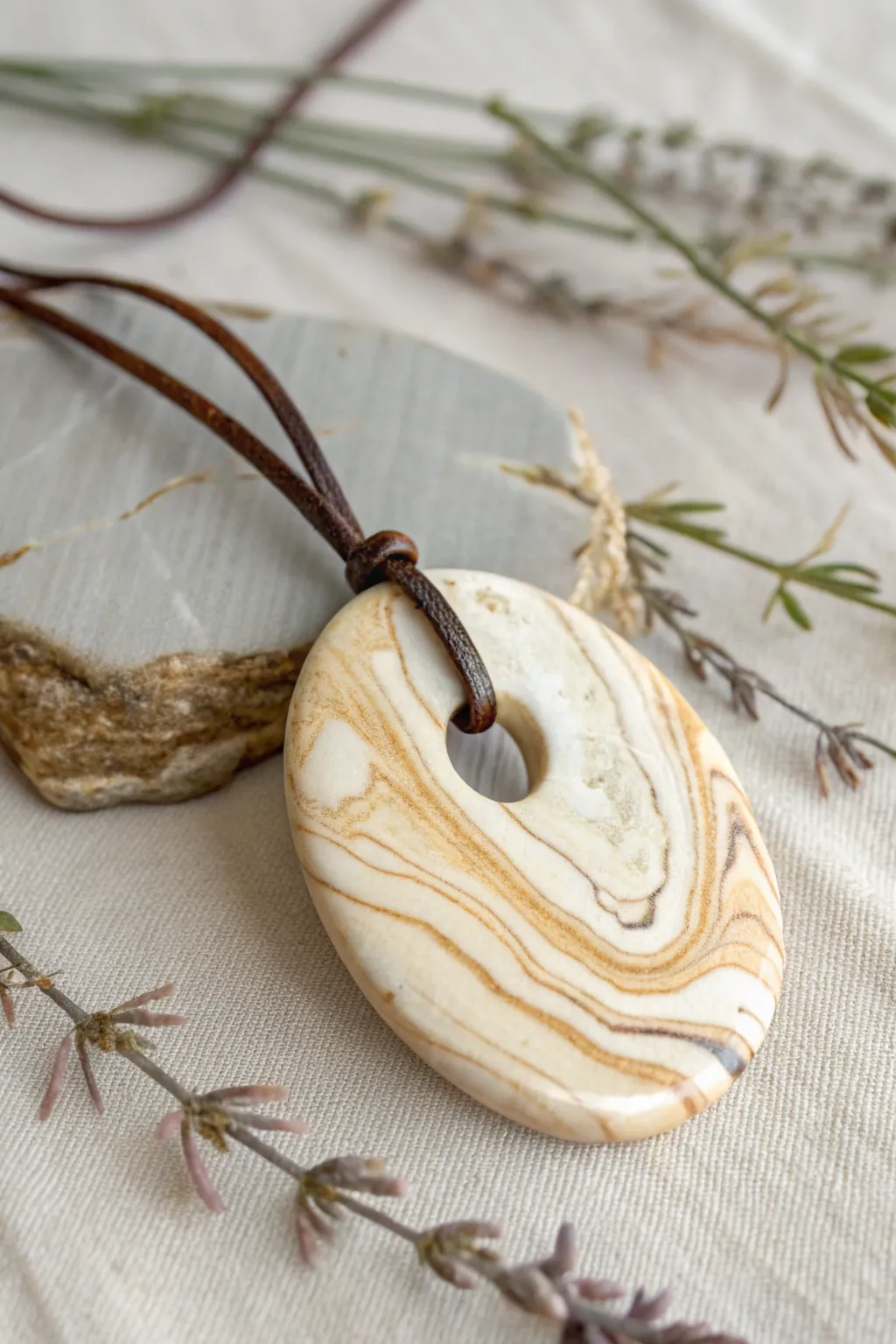 Marbled ceramic pendant with stone-like swirls and a polished pebble glow, minimal and bold.