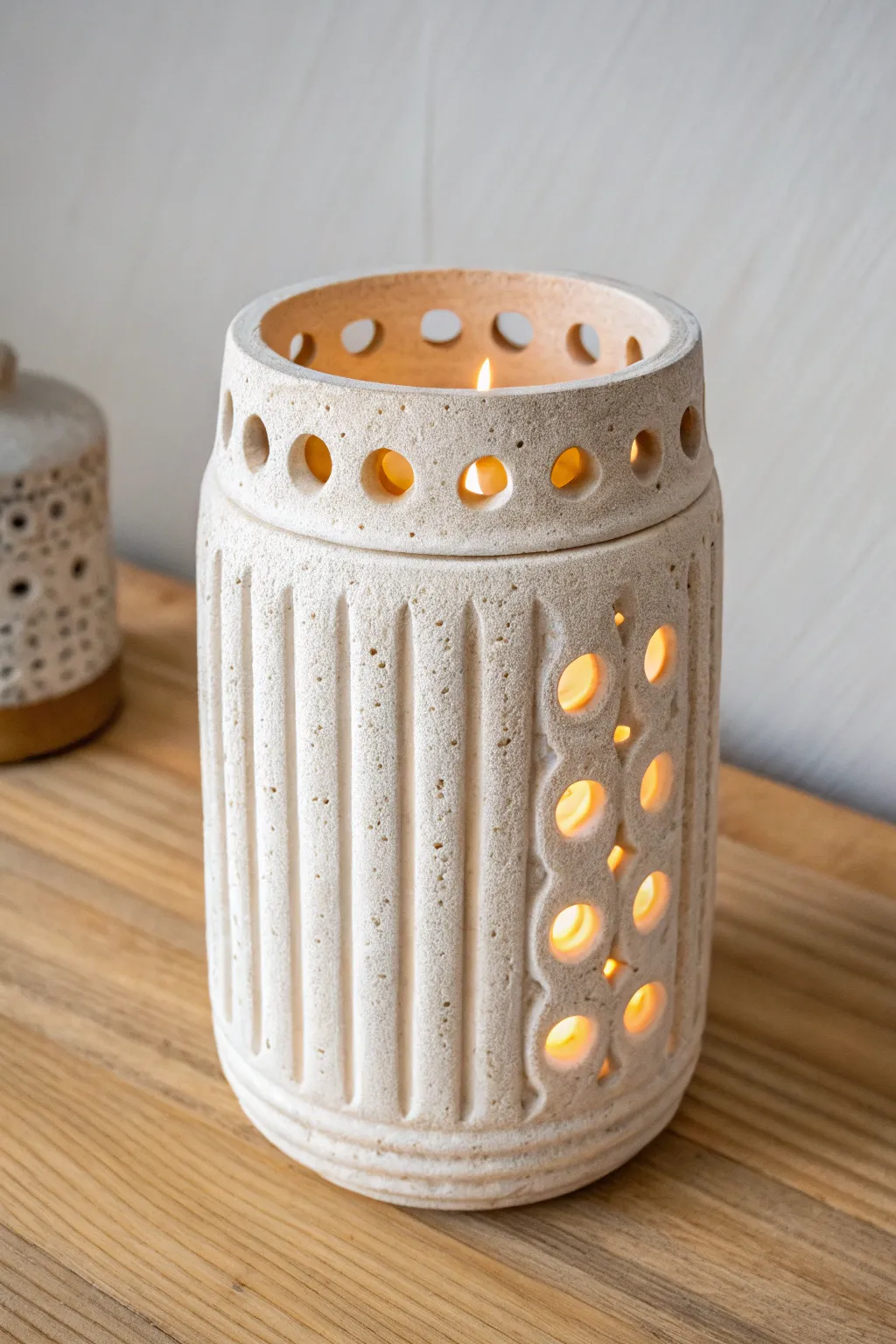 Grooved and pierced ceramic lantern glowing warmly, minimalist Scandinavian style with soft boho charm