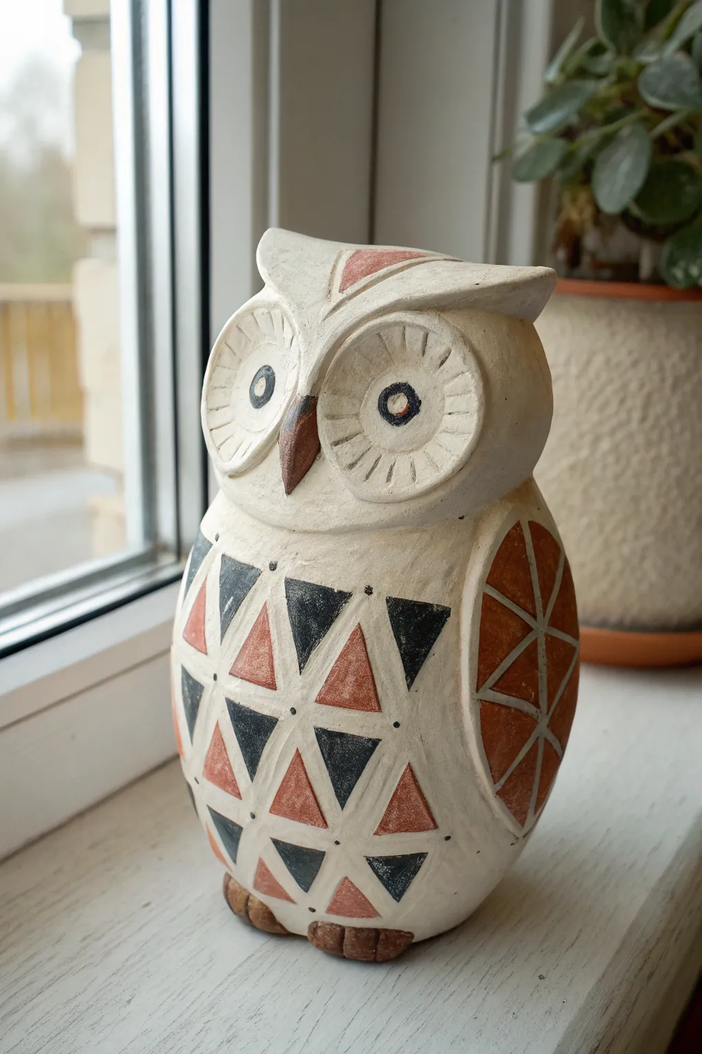 Modern ceramic owl with triangle feather blocks in a calm three color palette