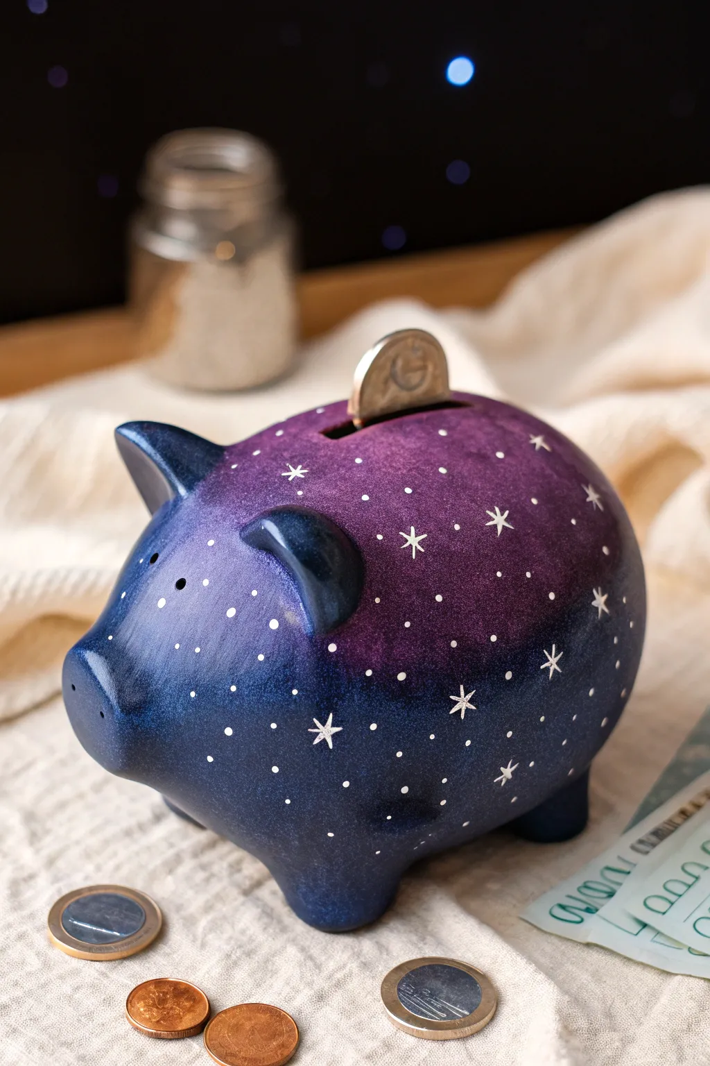 Galaxy night-sky ceramic piggy bank with star splatter, minimalist and dreamy on dark backdrop