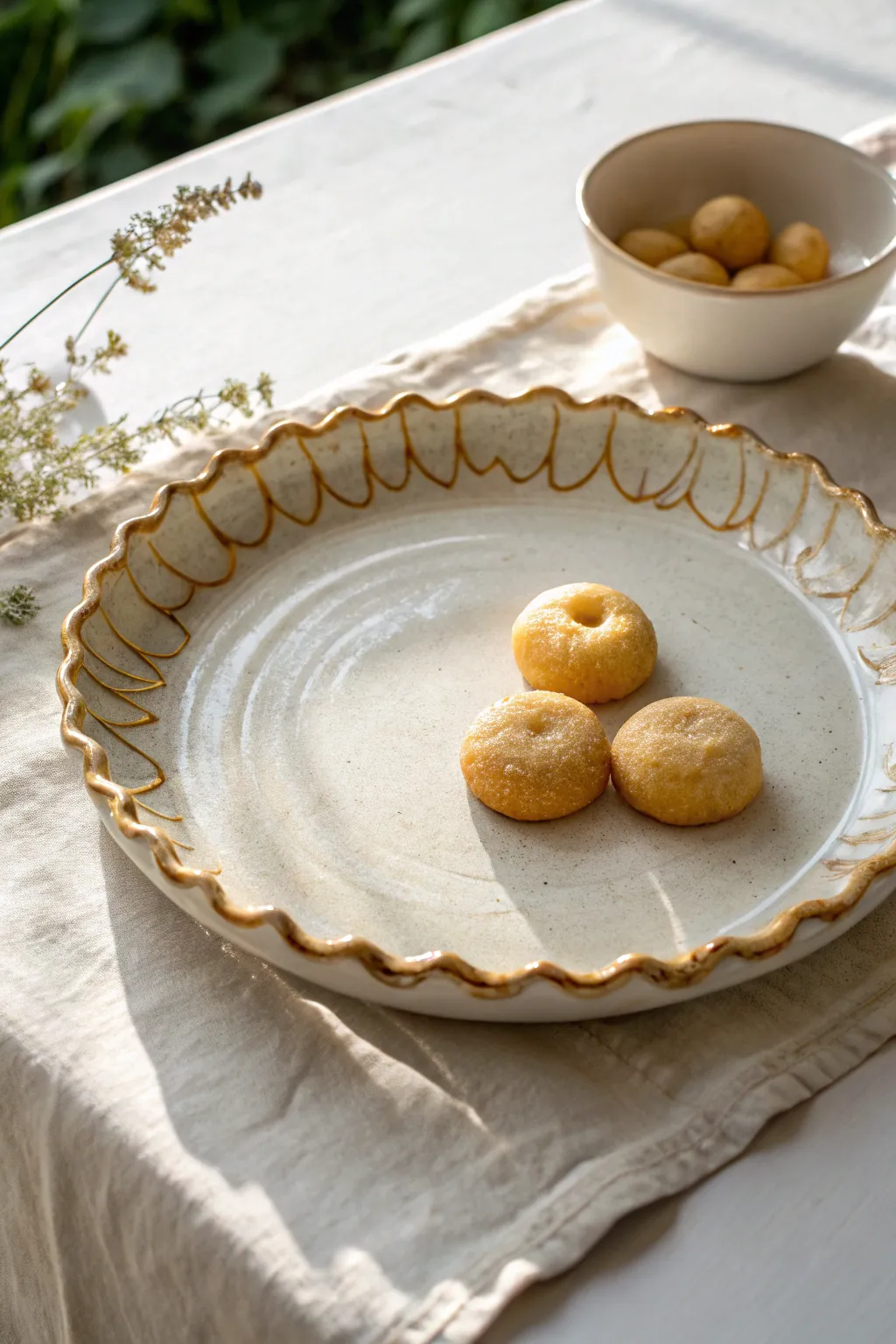 Scalloped-rim platter idea: glossy clear glaze and gentle waves that frame pastries beautifully.