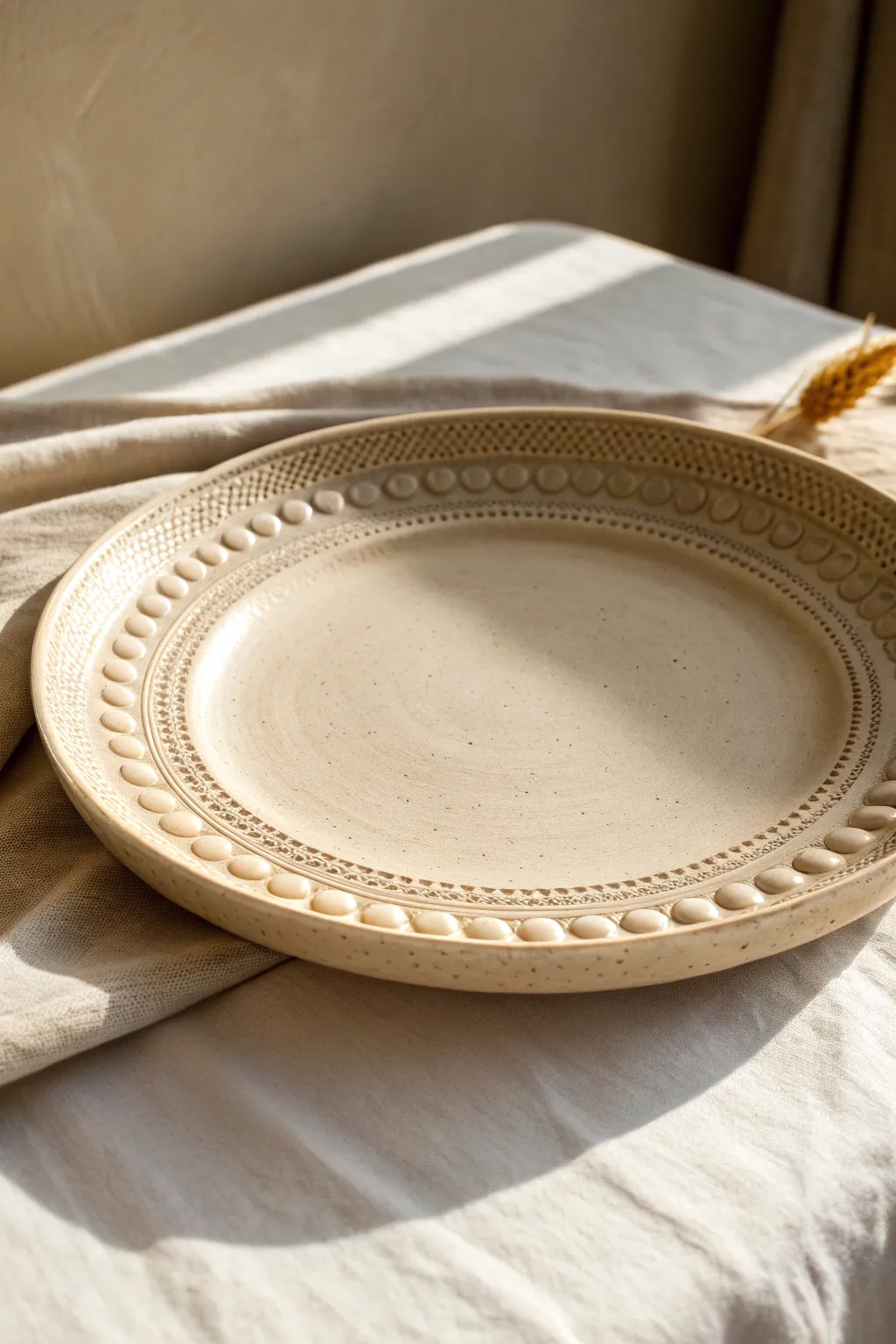 Slip-trailed dots and loops create a touchable texture on a calm, neutral ceramic platter.