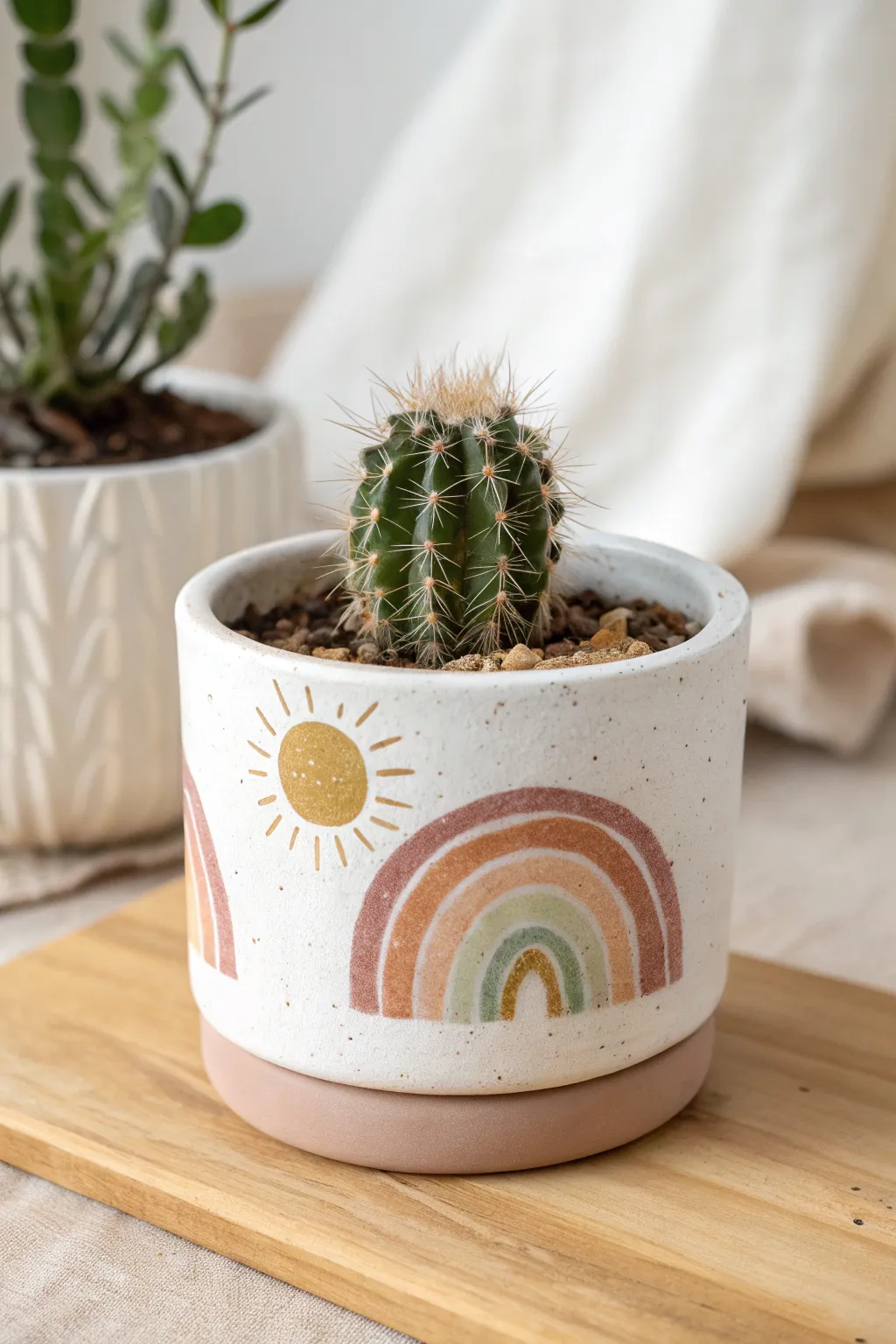Simple sunny rainbow planter with a centered cactus for a cheerful, minimal ceramic idea