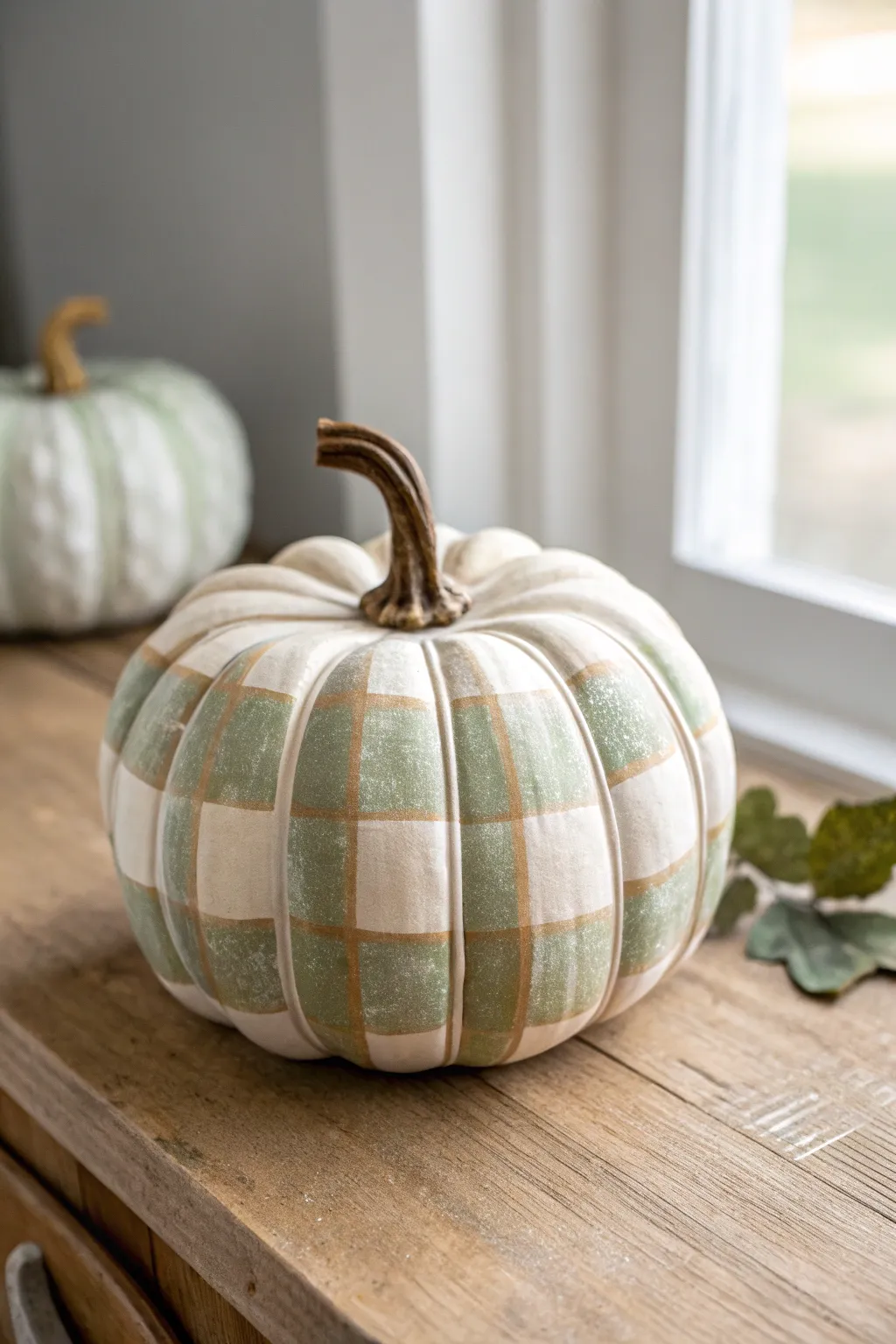 Cozy ceramic pumpkin with simple gingham panels in soft fall hues, rustic wood, minimal charm.