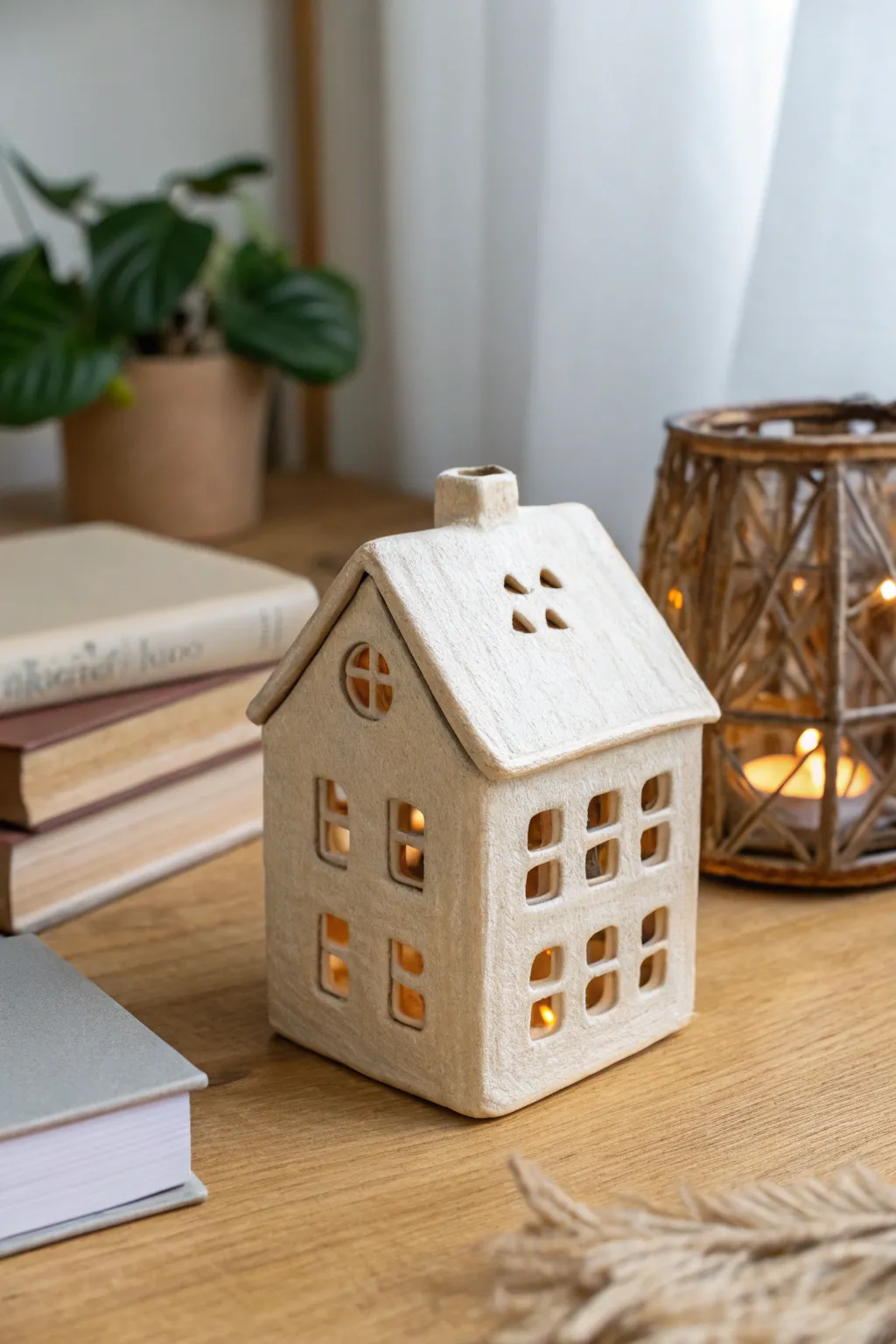 A tiny neutral-glazed ceramic house sculpture, styled simply beside blank books for scale