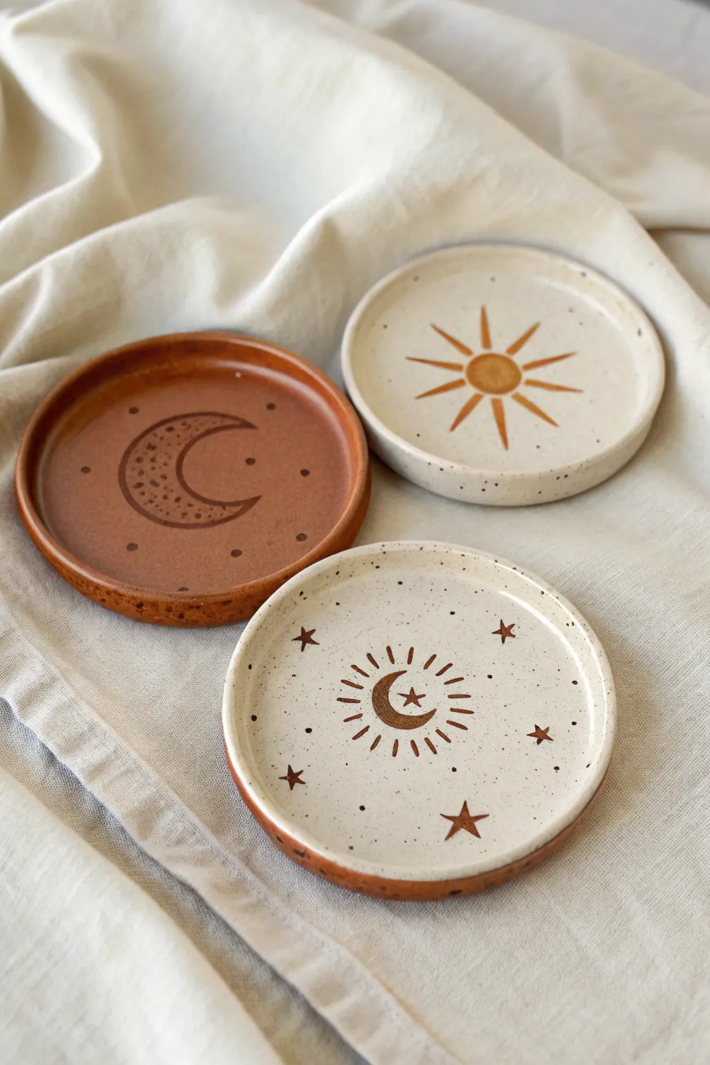 Celestial sun and moon ceramic tray set in warm earthy tones for a calm boho-minimal vibe