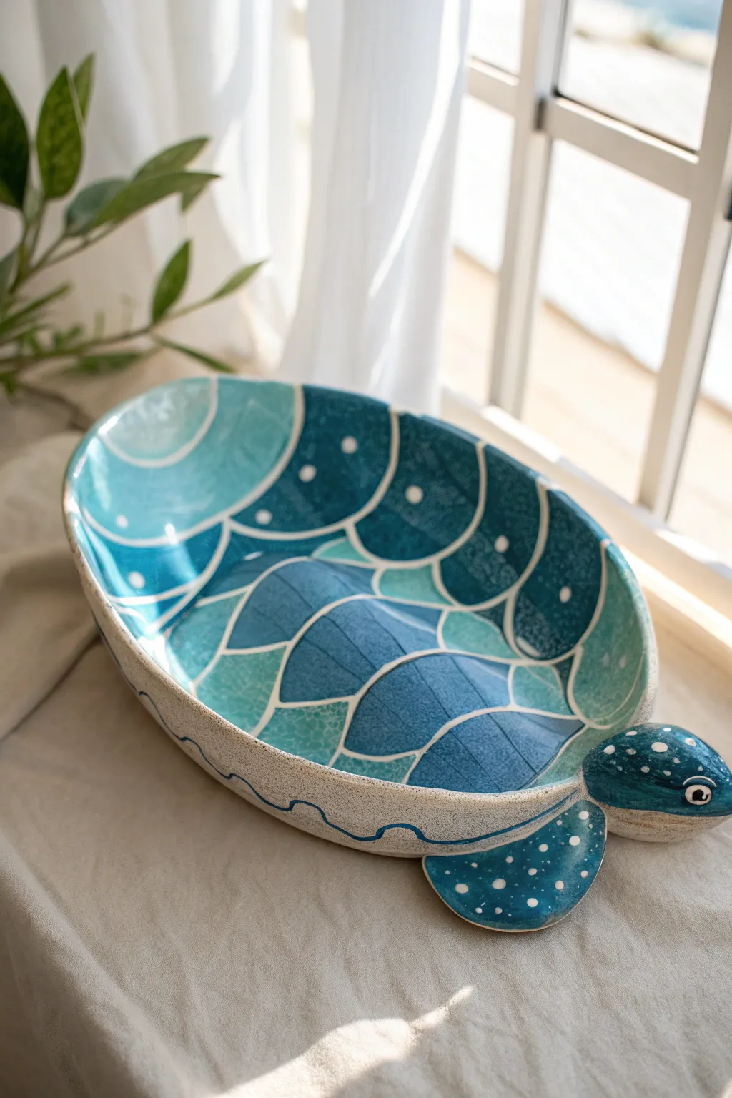 Ocean-wave turtle shell dish with crisp blue layers and delicate white foam highlights