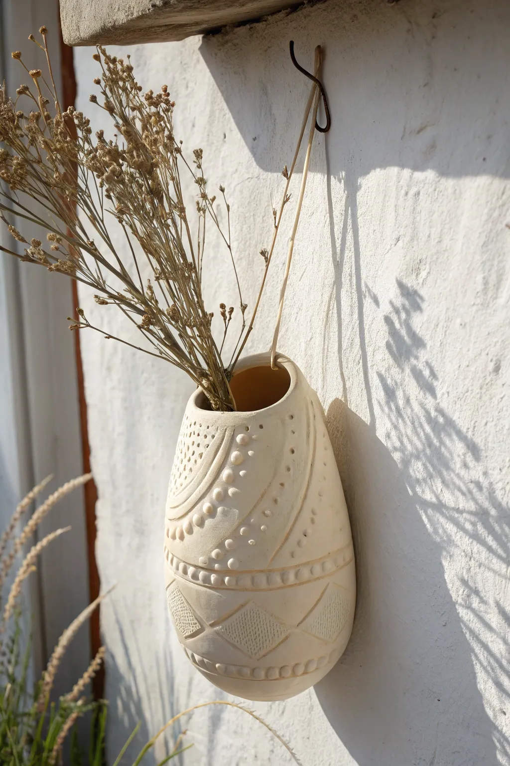 Slip-trailed ceramic wall pocket with simple swirls, styled with a few delicate stems