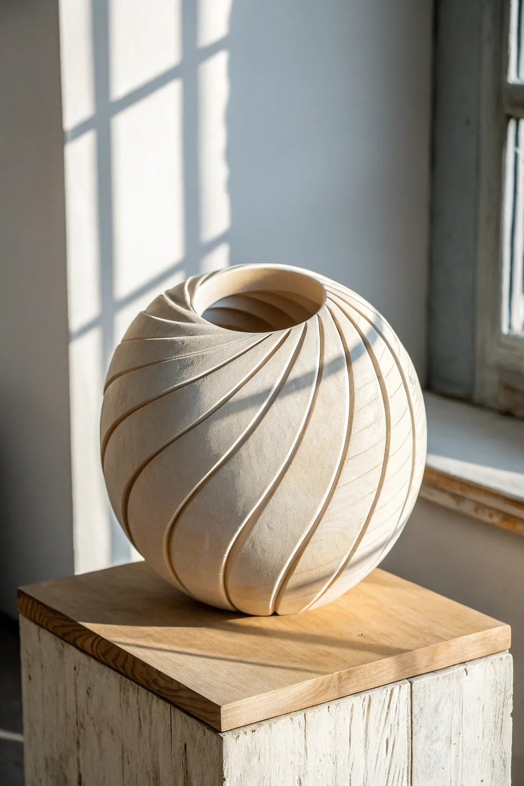 Altered wheel abstract ceramic sculpture with a clean matte finish and striking silhouette.