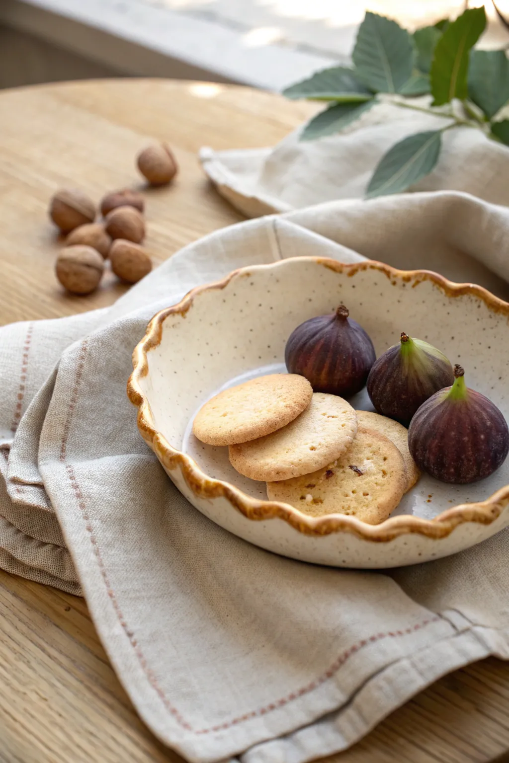 Beginner-friendly wavy-rim snack plate, simply glazed and styled for an everyday handmade moment.