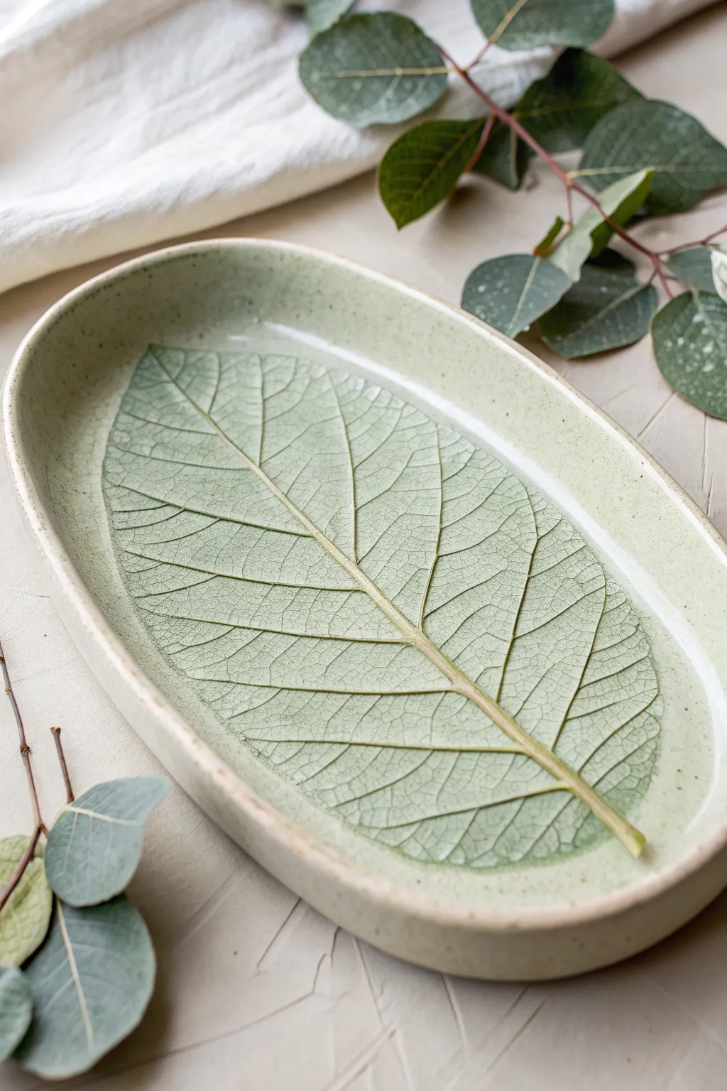 Leaf-impressed ceramic tray with glossy glaze and crisp veins in calm Nordic boho styling