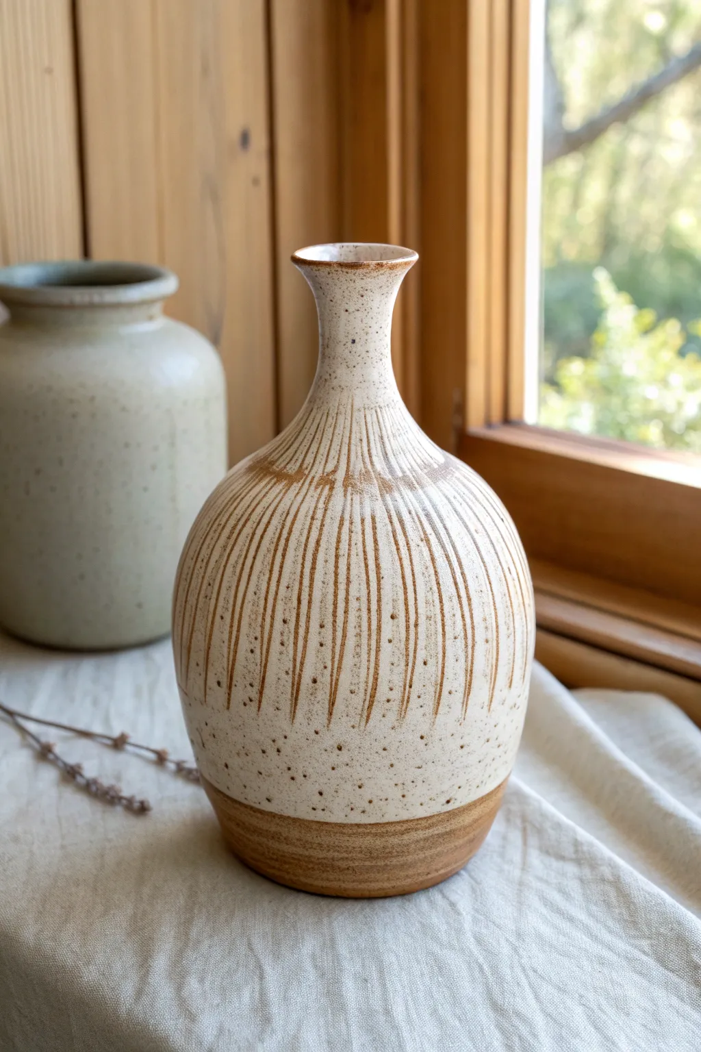 Wood-grain stamped bud vase with deep texture and soft glaze pooling for natural contrast