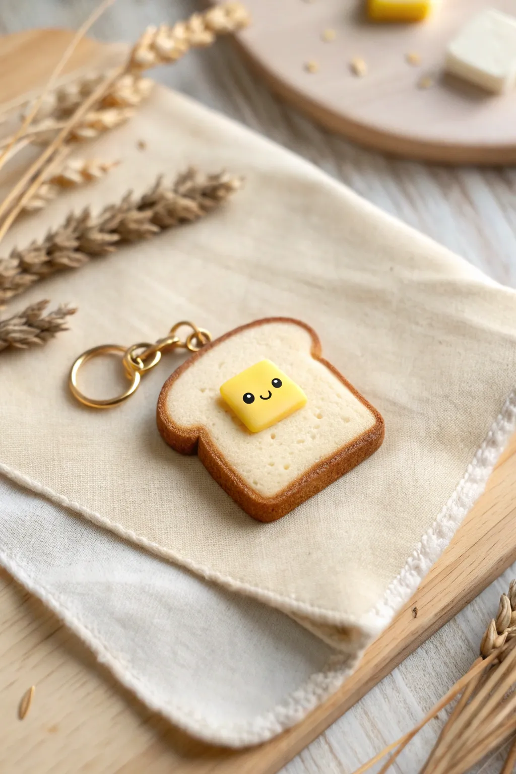 Adorable toast slice clay charm with butter patch and dot eyes, styled in minimalist boho tones.