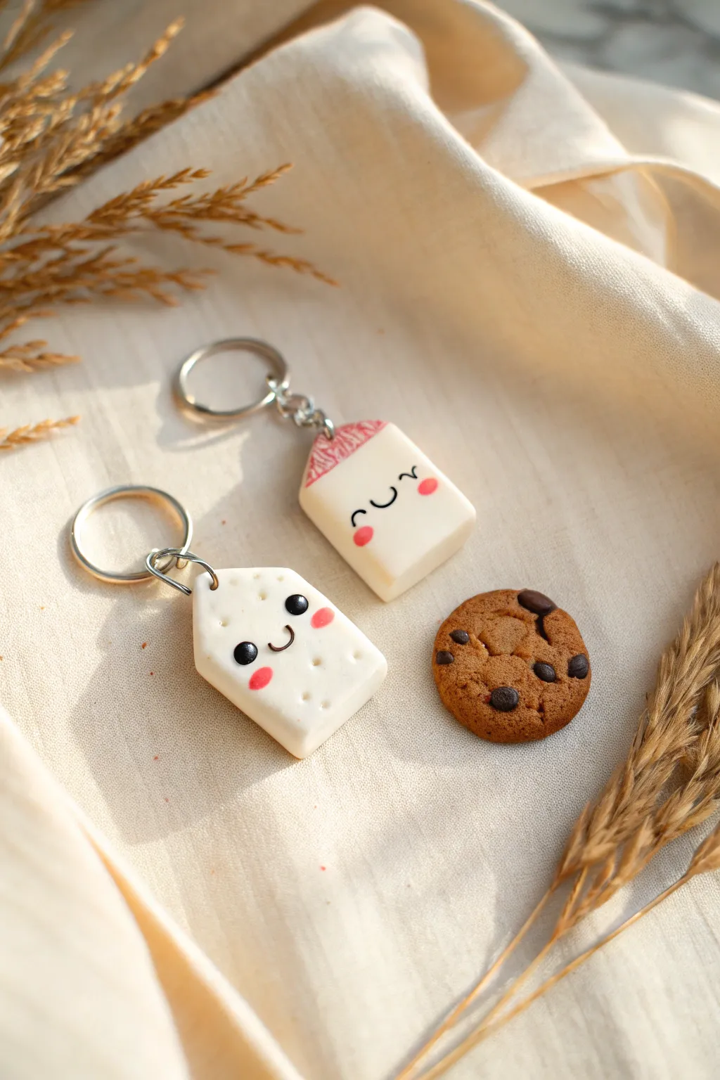 Tiny milk carton and cookie charms in soft creamy tones for sweet kawaii clay inspiration