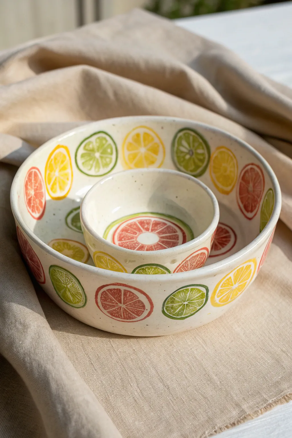 Minimal chip and dip bowl with painted citrus slices and a bright juicy pink dip well
