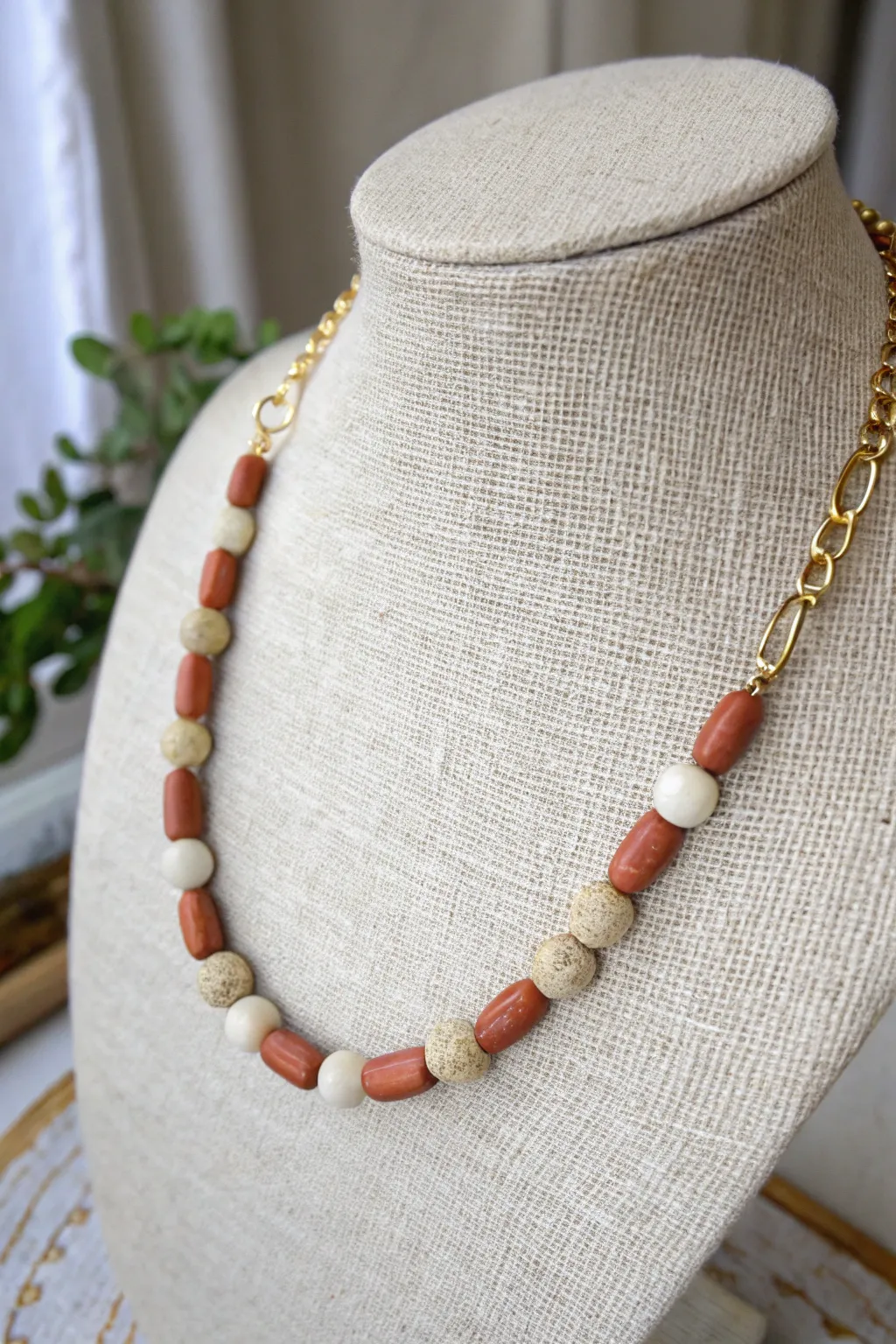 Chain-and-clay choker: soft neutral beads up front with a sleek chain finish for balance