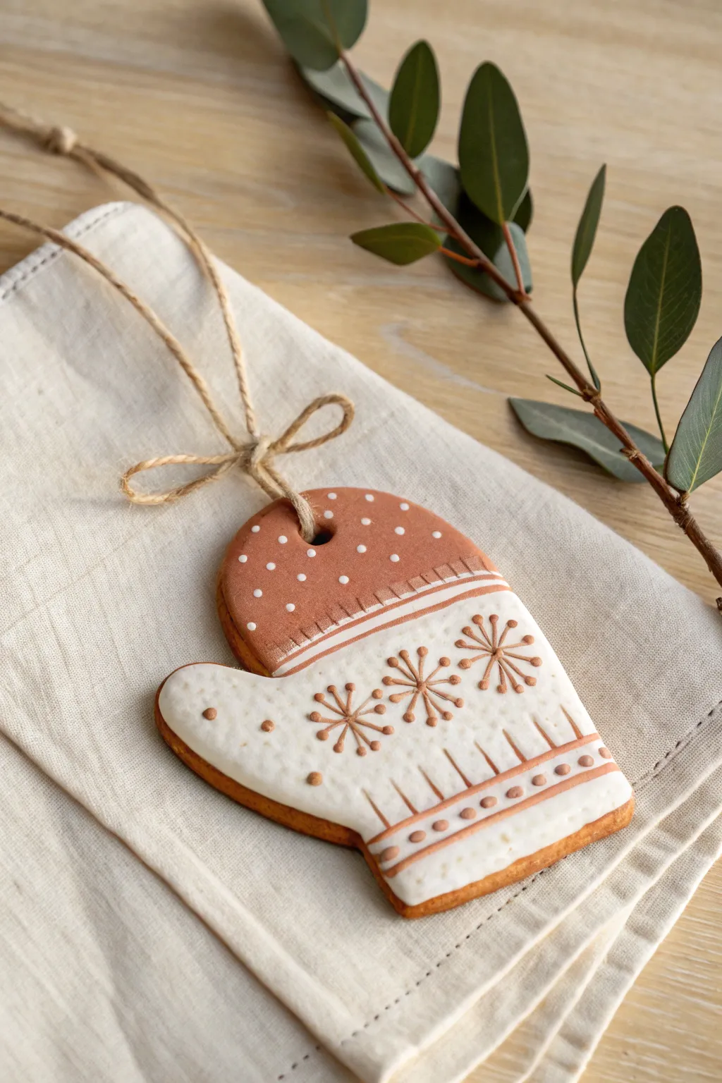 Cozy air clay mitten ornament painted like knitwear for a simple Scandinavian Christmas look.